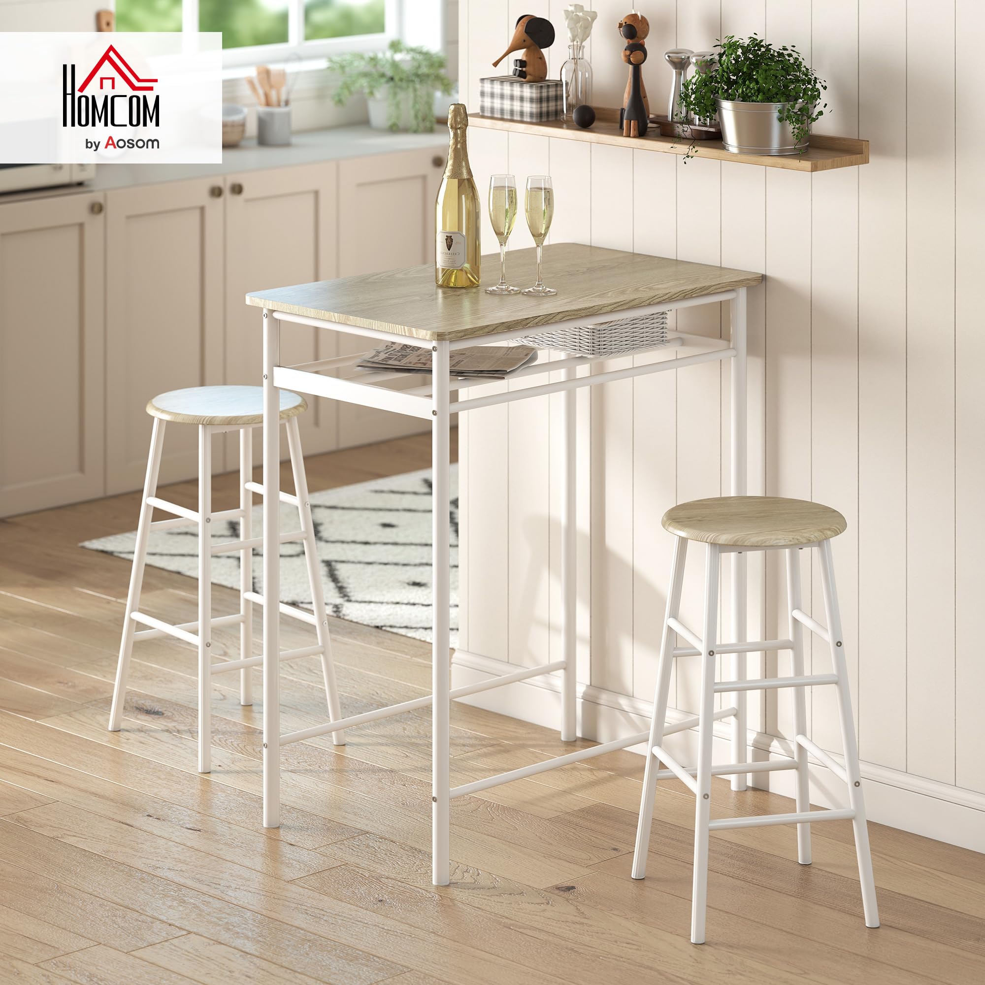 HOMCOM Juego de Mueble de Bar Set de Mesa Alta y 2 Taburetes con Estante de Almacenamiento y Marco de Metal para Cocina Comedor 80x50x90 cm Blanco