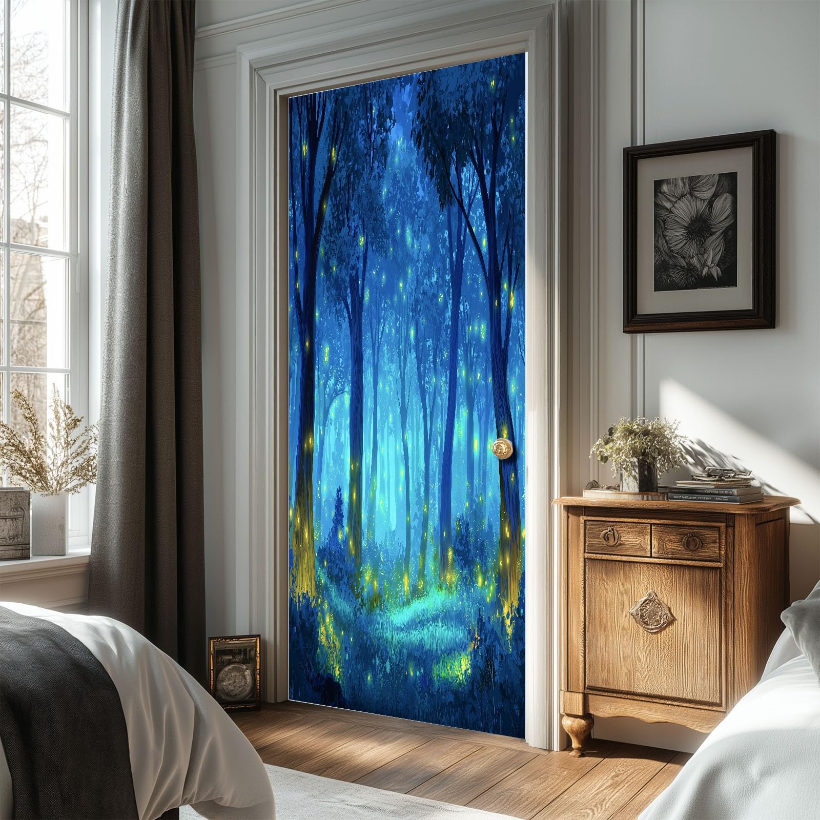 Tapeta na drzwi 3D, samoprzylepna, las marzeń, plakat na drzwi, styl kreskówkowy, naklejka na drzwi, wodoszczelna, zdejmowana folia na drzwi, fototapeta, do salonu, sypialni, łazienki, 90 x 200 cm