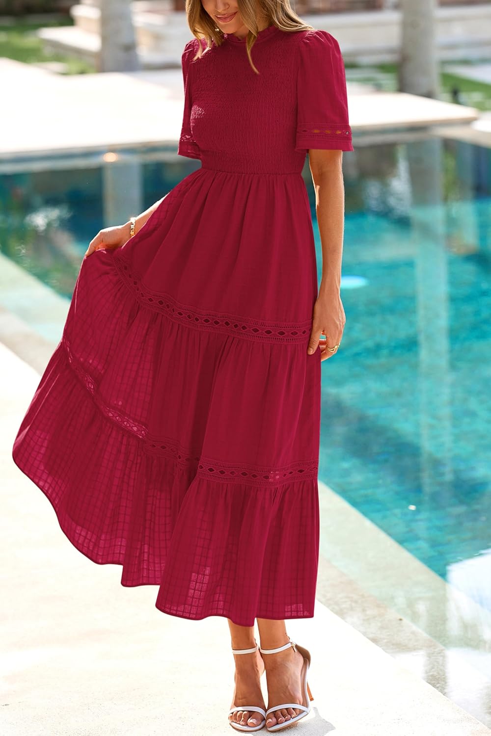 dowerme Summer Dresses for Women 2025 Casual Boho Hollow Out Short Sleeve Ruffle Mock Neck Smocked Maxi Gingham Sundress - Image 7