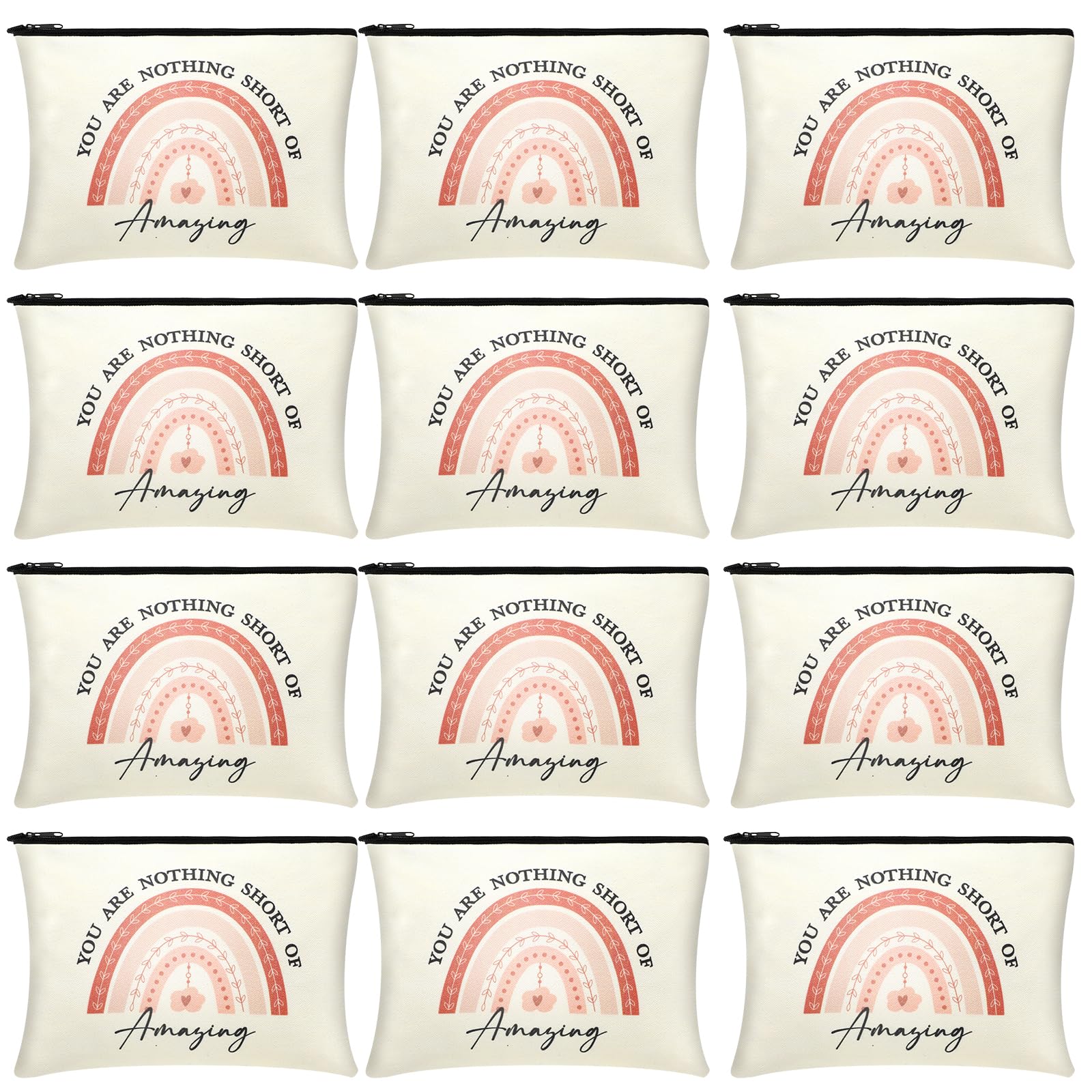 Coume 12 Pack Inspirational Makeup Bags Gifts for Women Bulk Inspirational Quotes Canvas Cosmetic Bags with Zipper for Valentines Day Birthday