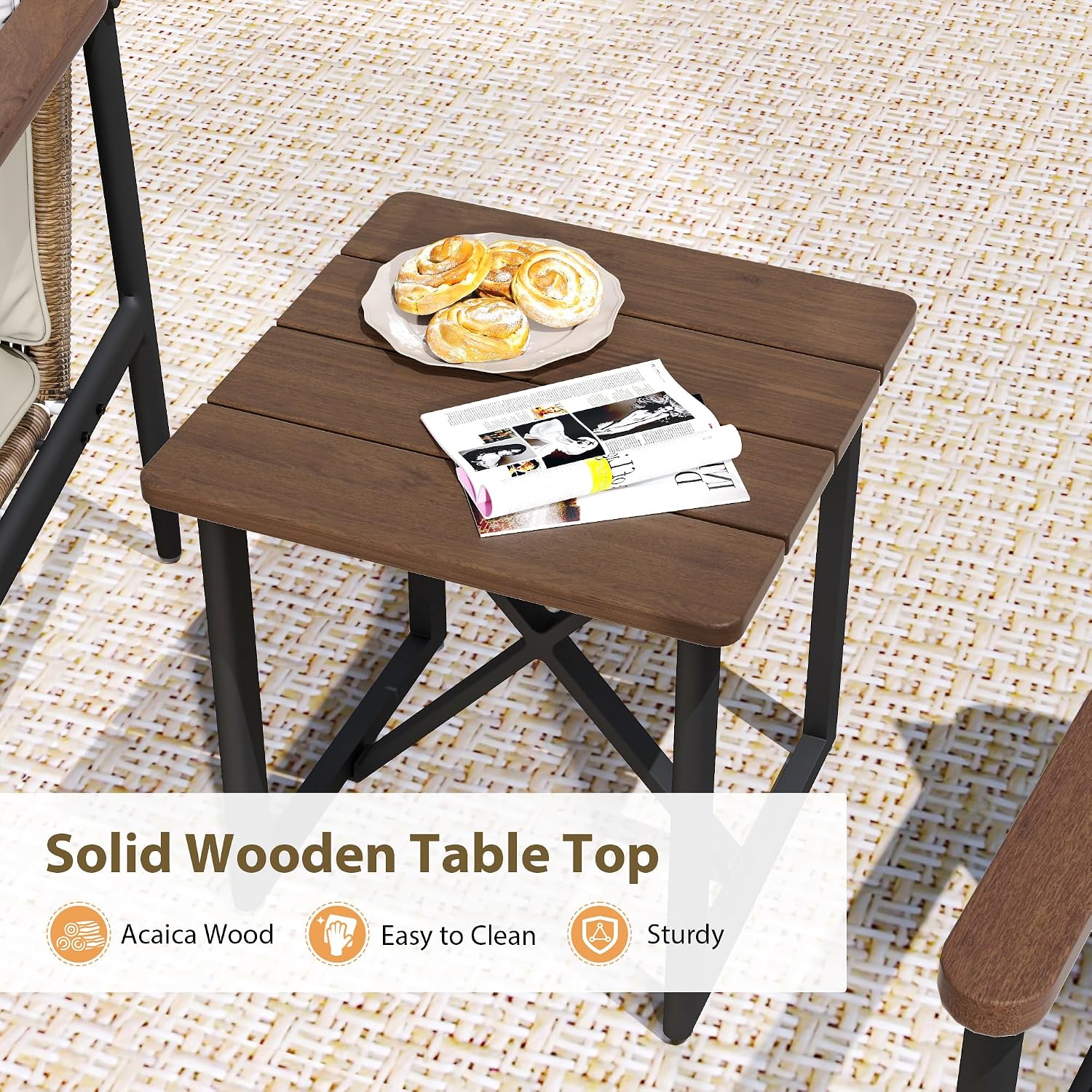 HAPPATIO 3-Piece Outdoor Furniture Set, Patio Aluminum Conversation Set with Wicker Seat and Acacia Wood Armrest, Removable Thick Olefin Cushion for Garden Lawn Backyard