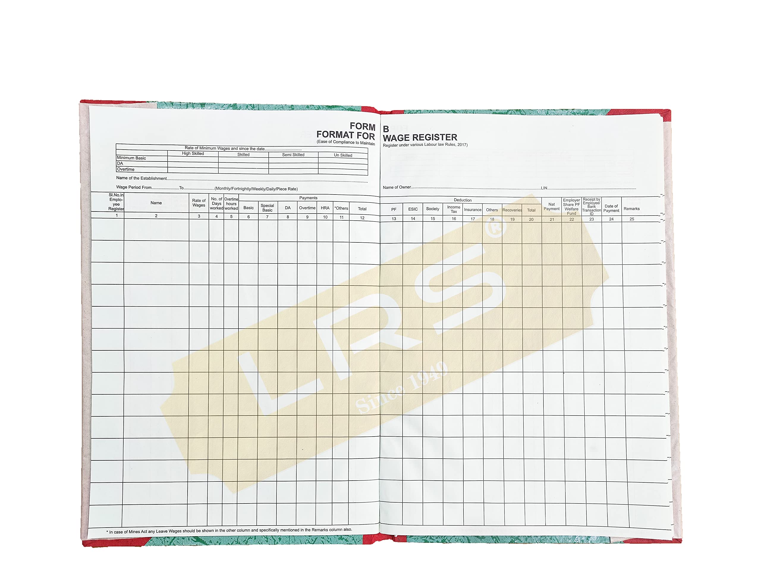 LRS Form B - Wages Register - Under Ease of Compliance to Maintain Register Under Various Labour Laws Rules, 2017-36 Pages Long - 75 GSM Ledger Paper - 38 * 25 cm-image-43