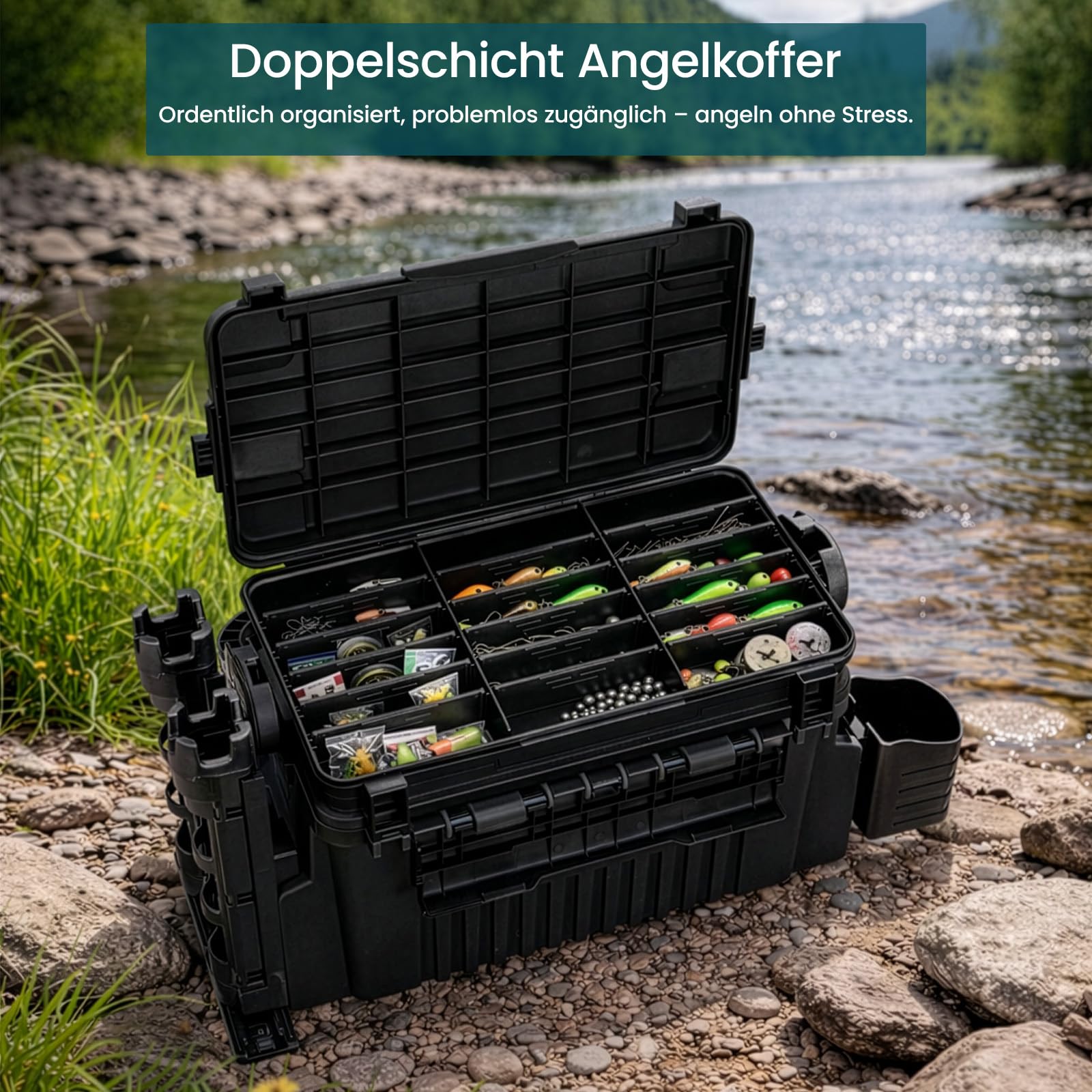 2-stöckig Groß Angelkoffer Tackle Box mit Rutenhalter & Becherhalter, klappbarem Tragegriff, 43×23×28cm Angelbox Angel Zubehör Organizer Angelzubehör Kunstköderbox, Angelboxen, Angelkasten (Black) - 3