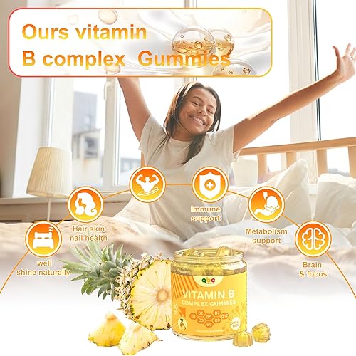 Miniatura 4 de NEWOLITE Gomitas de complejo de vitamina B para adultos y niños, suplemento masticable con sabor a piña con 8 vitaminas B esenciales (B1, B2, B3,