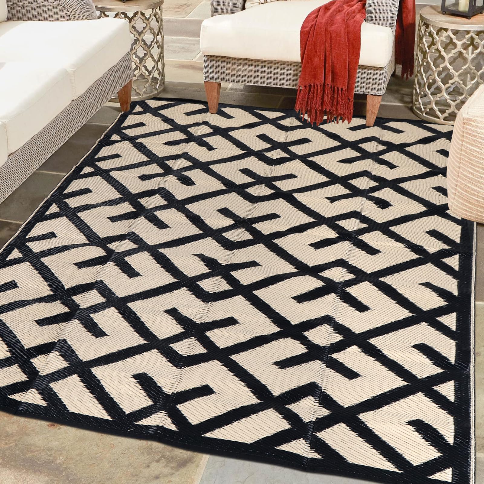 Reversible Mats - Plastic Straw Rug, Outdoor Rug, Modern Area Rugs, Large Floor Mat for Outdoors, RV, Garden, Patio, Backyard, Deck, Picnic, Beach, Camping, Black & Beige, 5' x 8'