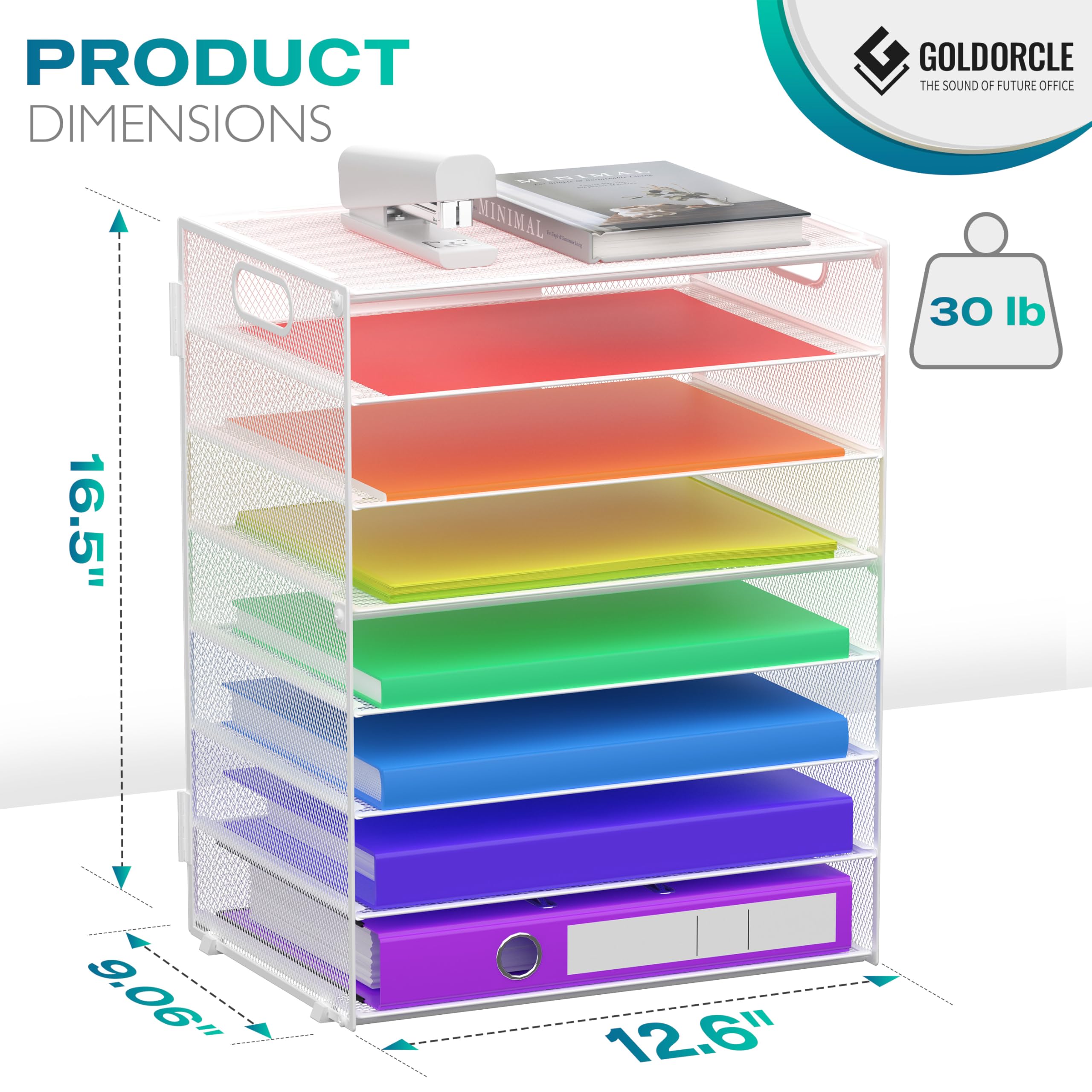 Bandeja organizadora de papel de 8 niveles con asas, soporte de malla para archivos, organizador de almacenamiento para el hogar, escuela, aula y oficina (blanco)