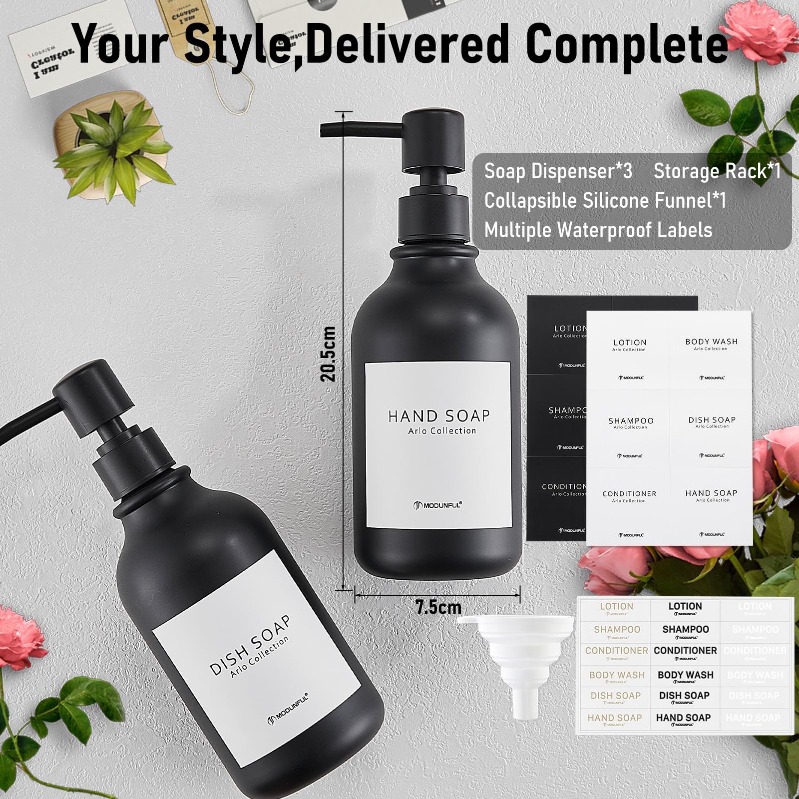 MODUNFUL Hand and Dish Soap Dispenser Set of 2 for Kitchen & Bathroom, Black Bottle & Black Pump, 2 Pcs - Image 2