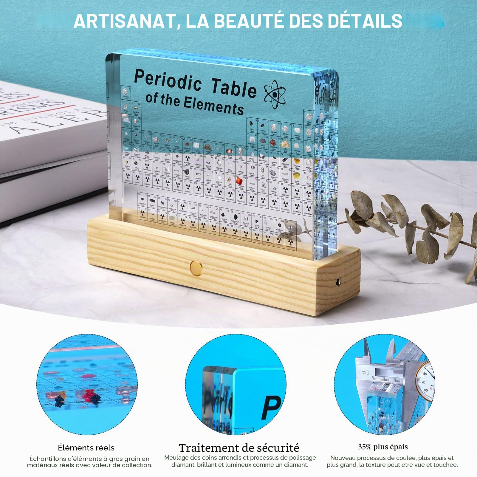 Jeebel Tableau Périodique des Éléments Réels, Tableau Periodique en Acrylique de Lampe Table LED avec Élément Vrai pour Outil Enseignement/Affichage Elements Chimiques pour Enseignant Étudiant Enfant