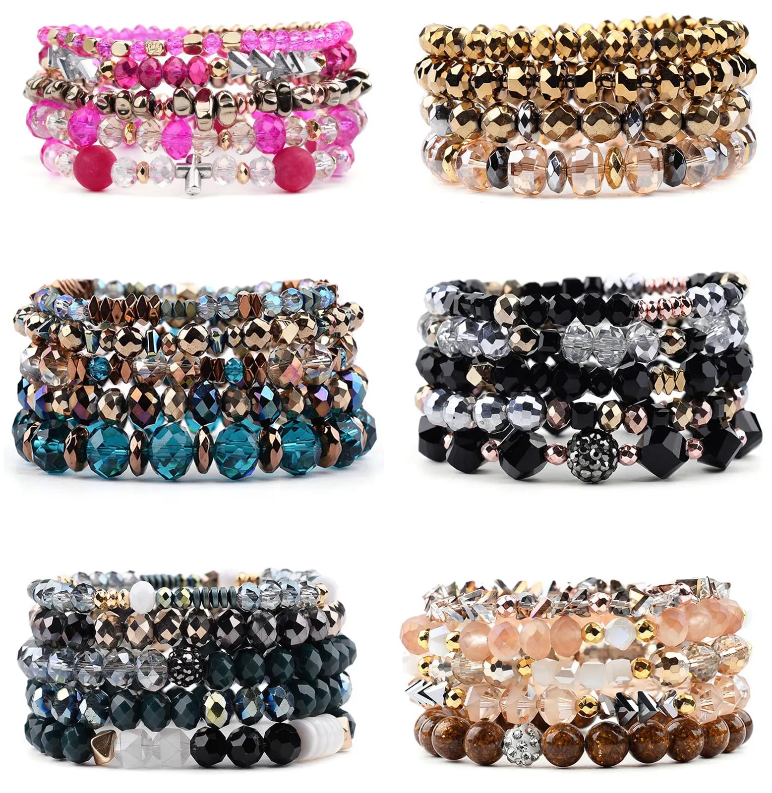 SAMOCO 6 Sets Bohemian Stackable Bead Bracelets for Women Stretch Bohemian Crystal Stretch Multilayered Boho Bracelet Set