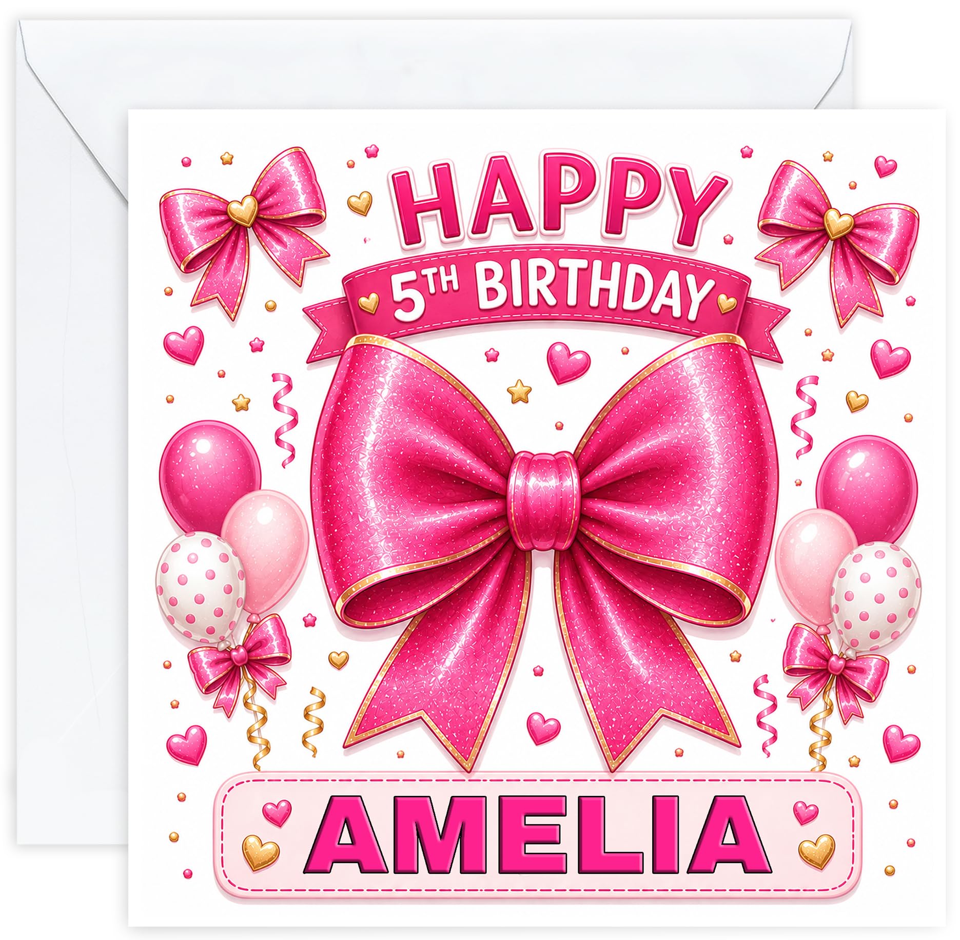 Personalised Girls 5th Birthday Card – Pink Bow Party – Name