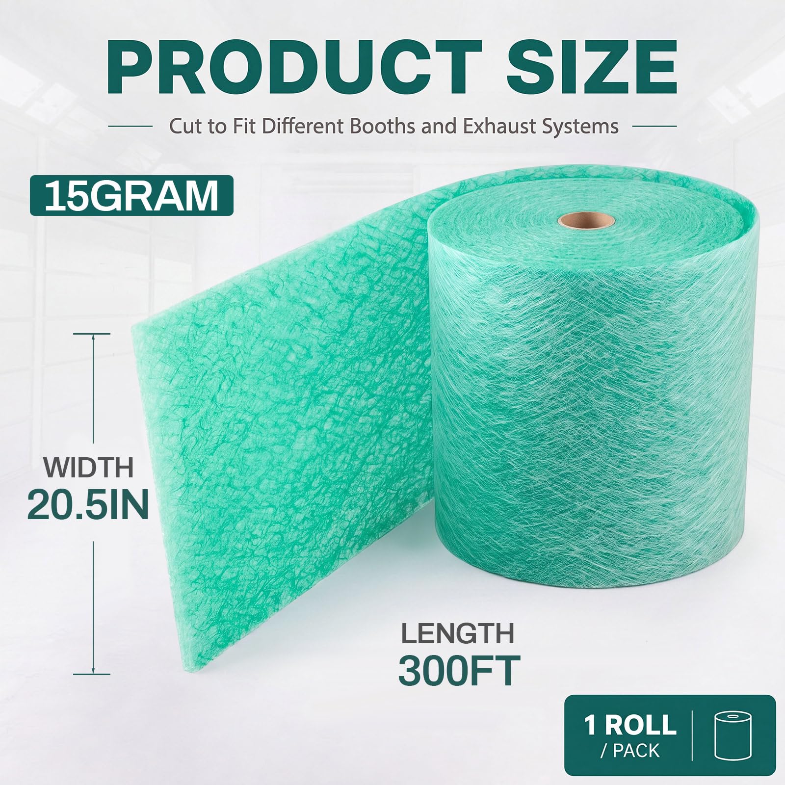 Lewtemi Rollo de filtro de escape de cabina de pintura, 20.5 pulgadas x 300 pies, 15 gramos de medios de fibra de vidrio verde para sobrepulverización de cabina de pulverización, sistemas de corriente