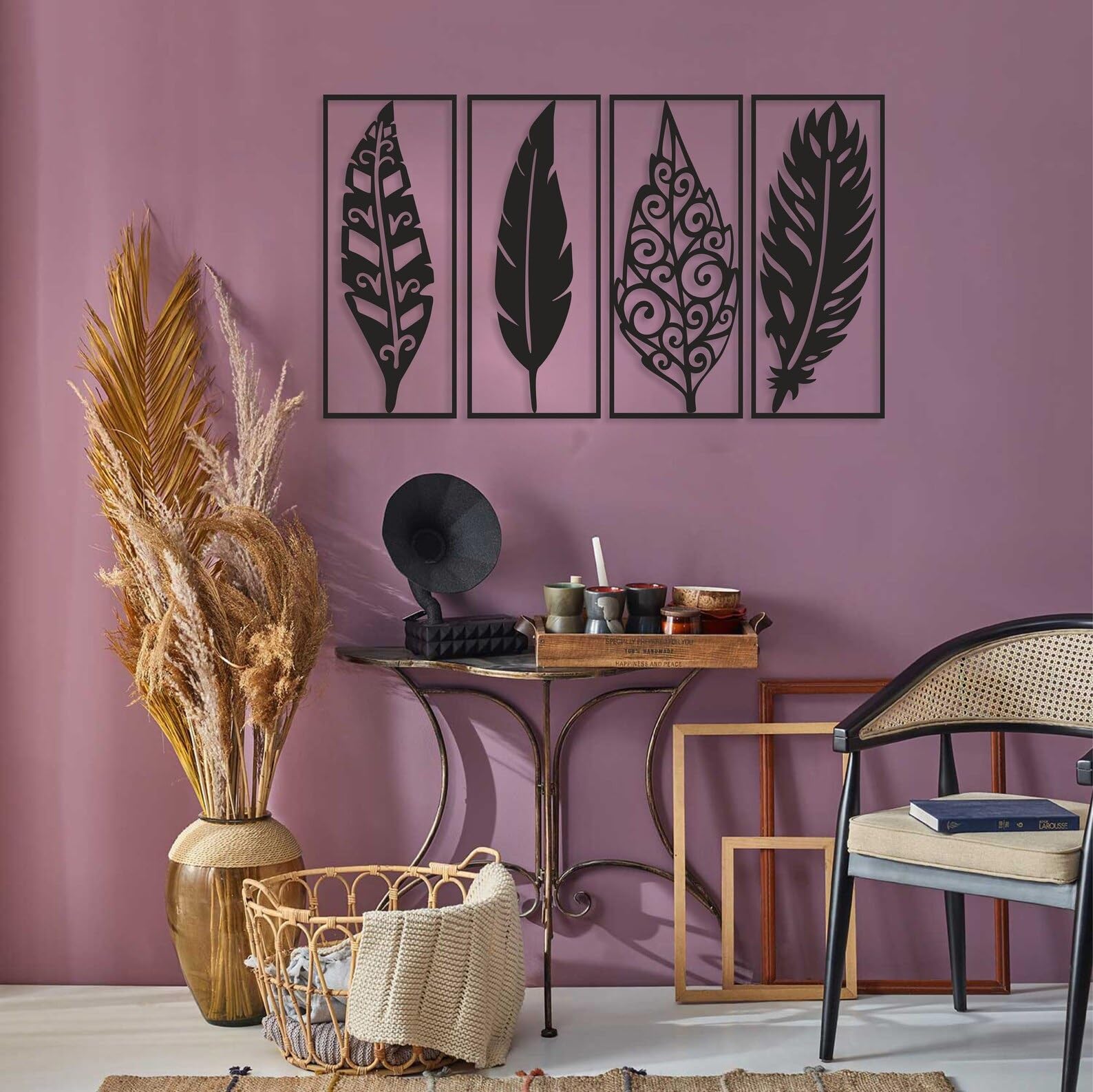SHIVASHRAY CRAFTS Feathers Wall Decor, Feather Wall Art, Wood Wall Art, Living Room Wall Decor, Set Of 4 Pieces, 12 Inches.