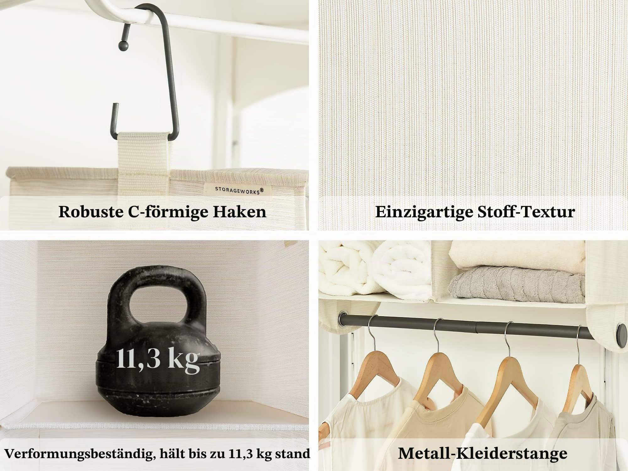 StorageWorks Hängender Kleiderschrank Organizer mit Metallstange, 4-teiliger Kleiderschrank Hängeaufbewahrung, faltbares Hängeregal für Pulloveraufbewahrung, Babykleidung, Elfenbein und Weiß