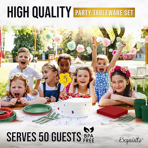 Miniatura 6 de Exquisite Juego de 350 platos y cubiertos desechables de plástico con temática navideña, verde y rojo, incluye 50 platos llanos, 50 platos de