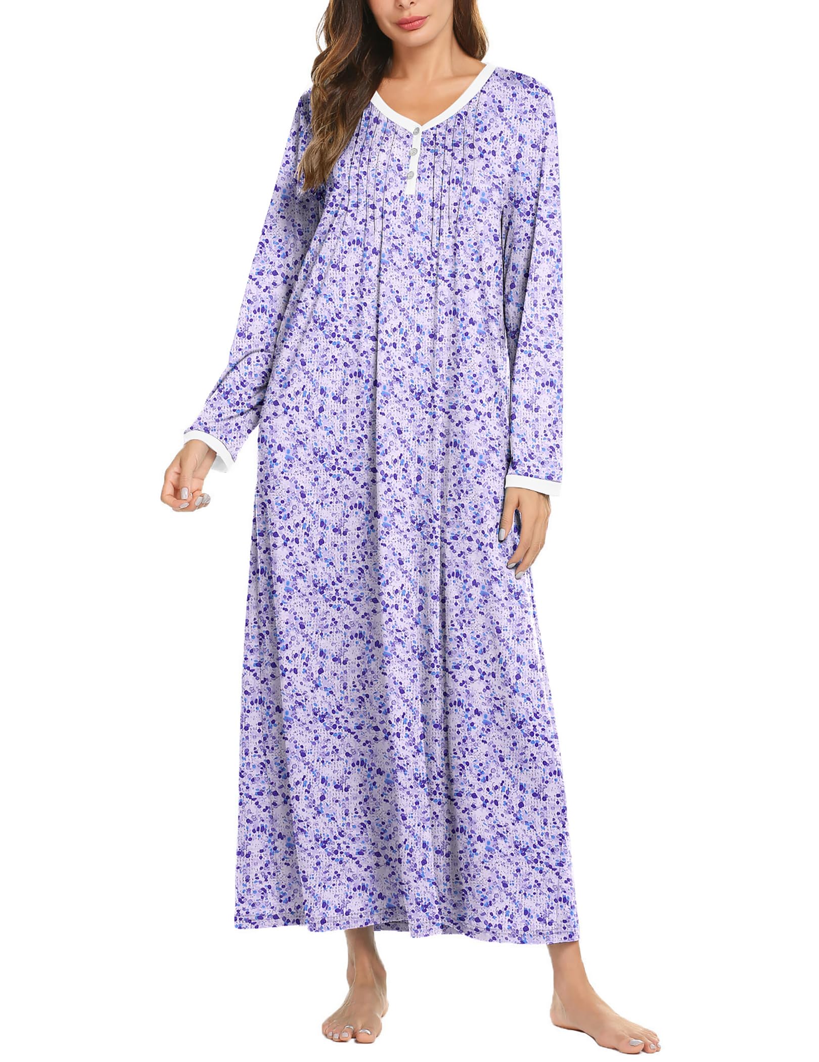 Ekouaer Women's Long Sleeve Nightgown Full Length Sleepwear Long Sleepshirts Henley Sleep Dress S-4XL