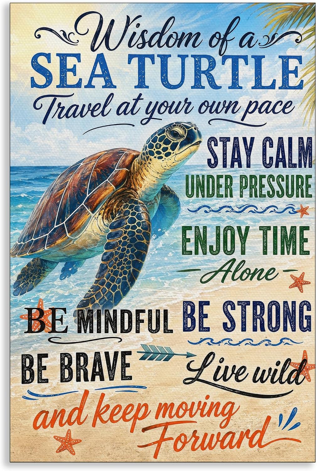 Wisdom of a Sea Turtle Canvas Wall Art, Ocean Beach Animal Poster, Inspirational Positive Affirmations Quotes Print, Motivational Nursery Playroom Kids Room Coastal Wall Decor 12x16in Unframed