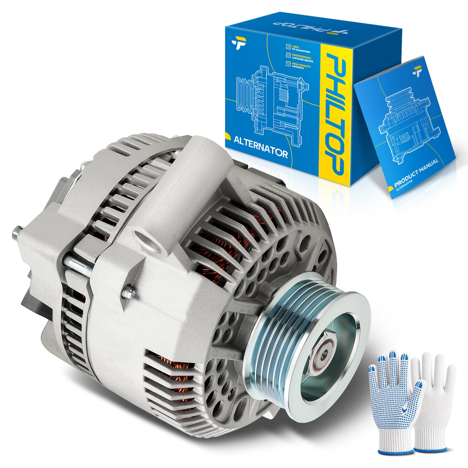 PHILTOP 95Amp Alternator Replacement for Ranger 96-97 3.0L 4.0L Ranger 98-00 2.5L 3.0L 4.0L Ranger 02-05 3.0L F150 97-02 4.2L High Output Alternators Replace 7750N-6G1 12V 95Amp CW 6-Groove Pulley