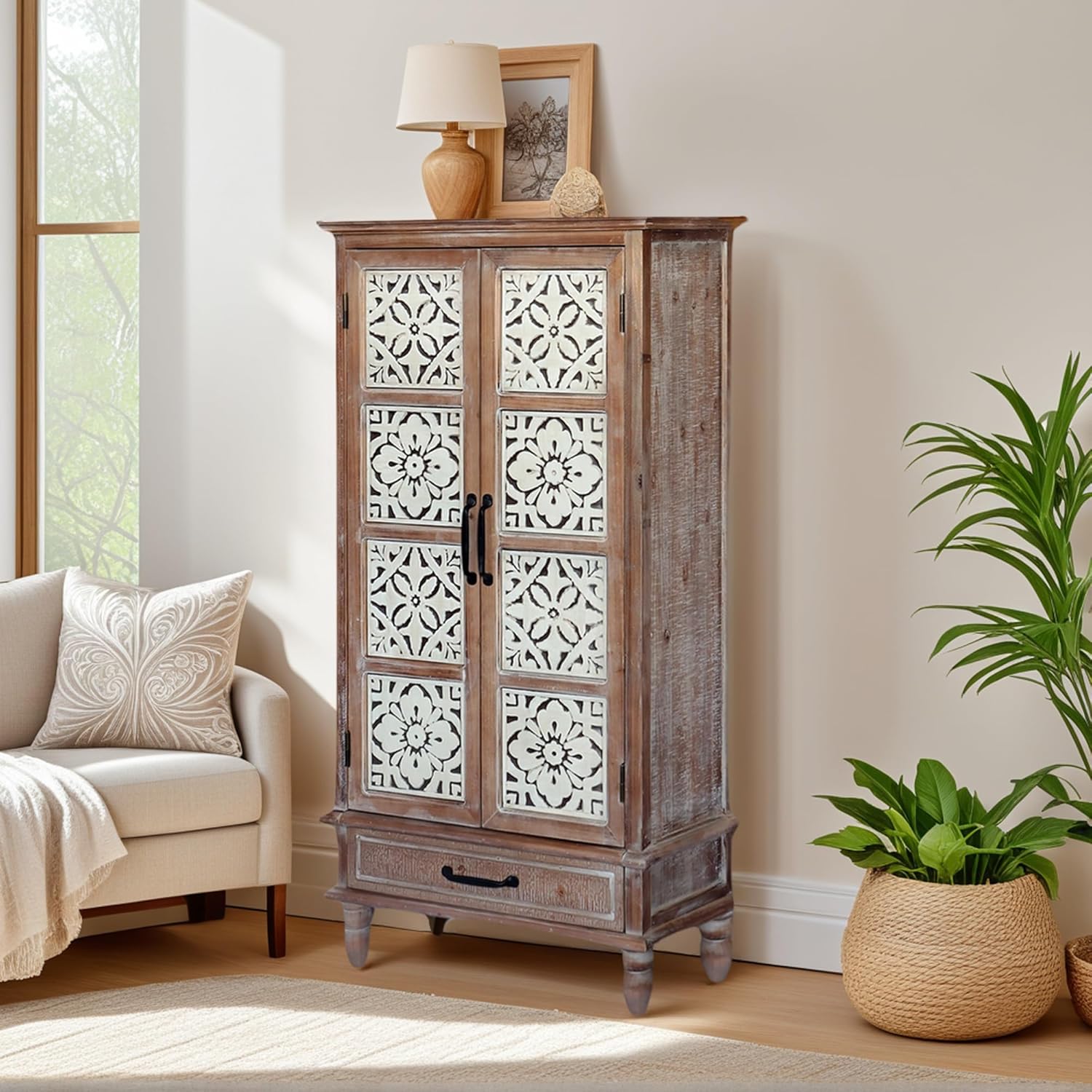 French Country Side Cabinet - Vintage 2 Door Wood Cabinet with Storage, Accent Furniture for Living Room, Kitchen & Entryway, Tall Cabinet Storage (55.11" H)