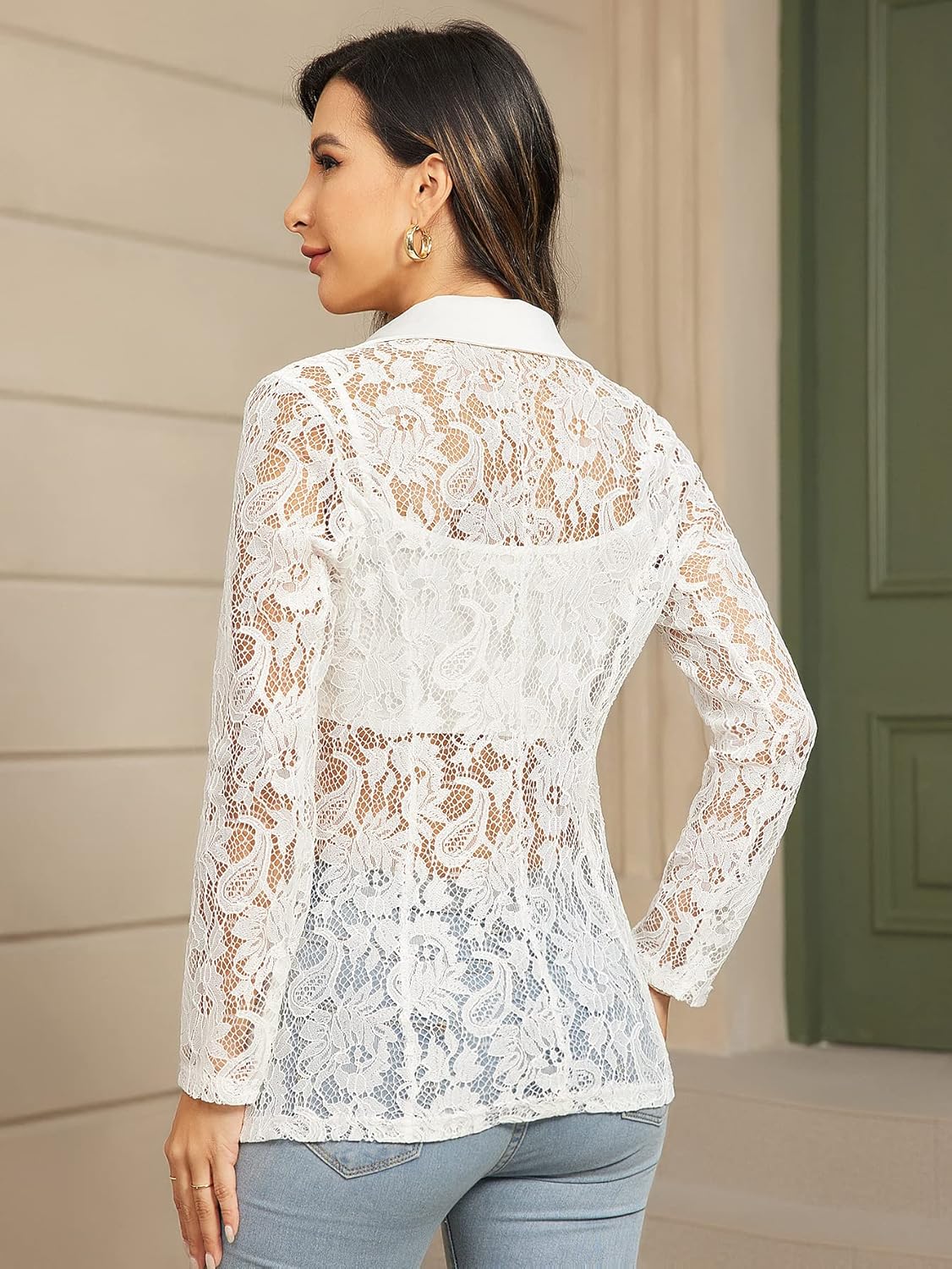 WDIRARA Women's Floral Lace Mesh One Button Lapel Neck Long Sleeve Elegant Jacket Blazer