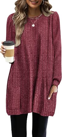 OFEEFAN Women's Long Sleeve Tunic Top - Casual Fall Shirt, Purple, Size Large - View #5