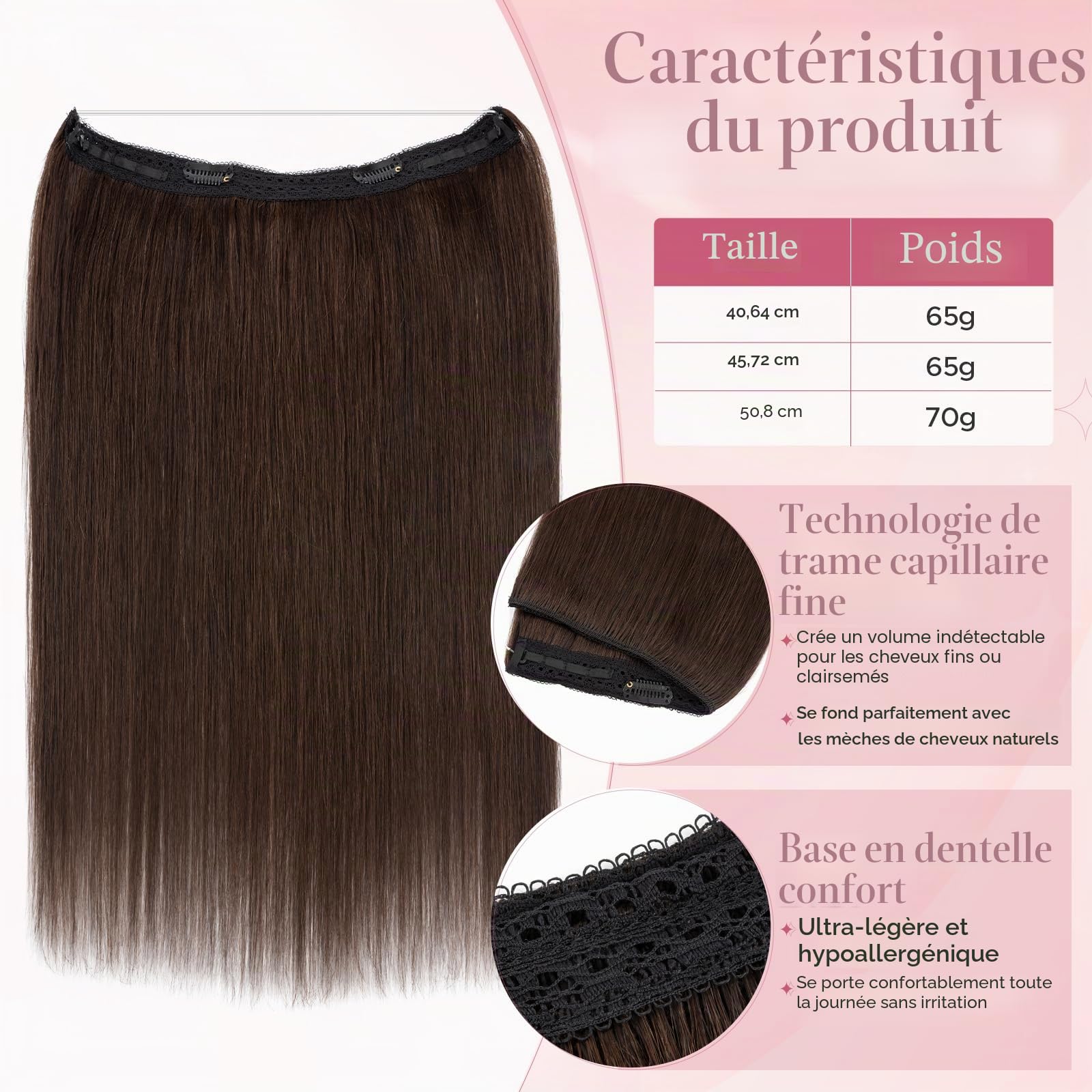 40cm Extension Cheveux Naturel Fil Invisible #2 Marron Foncé Une Bande Cheveux Humains Clip Secrets Wire Hair Extensions Rajout Postiche pour Femme (65g)