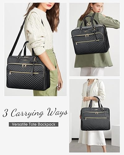 Miniatura 2 de Taygeer Bolsa para laptop de 17 pulgadas para mujer, mochila acolchada grande convertible con puerto USB, bolsas de trabajo de cuero impermeables,