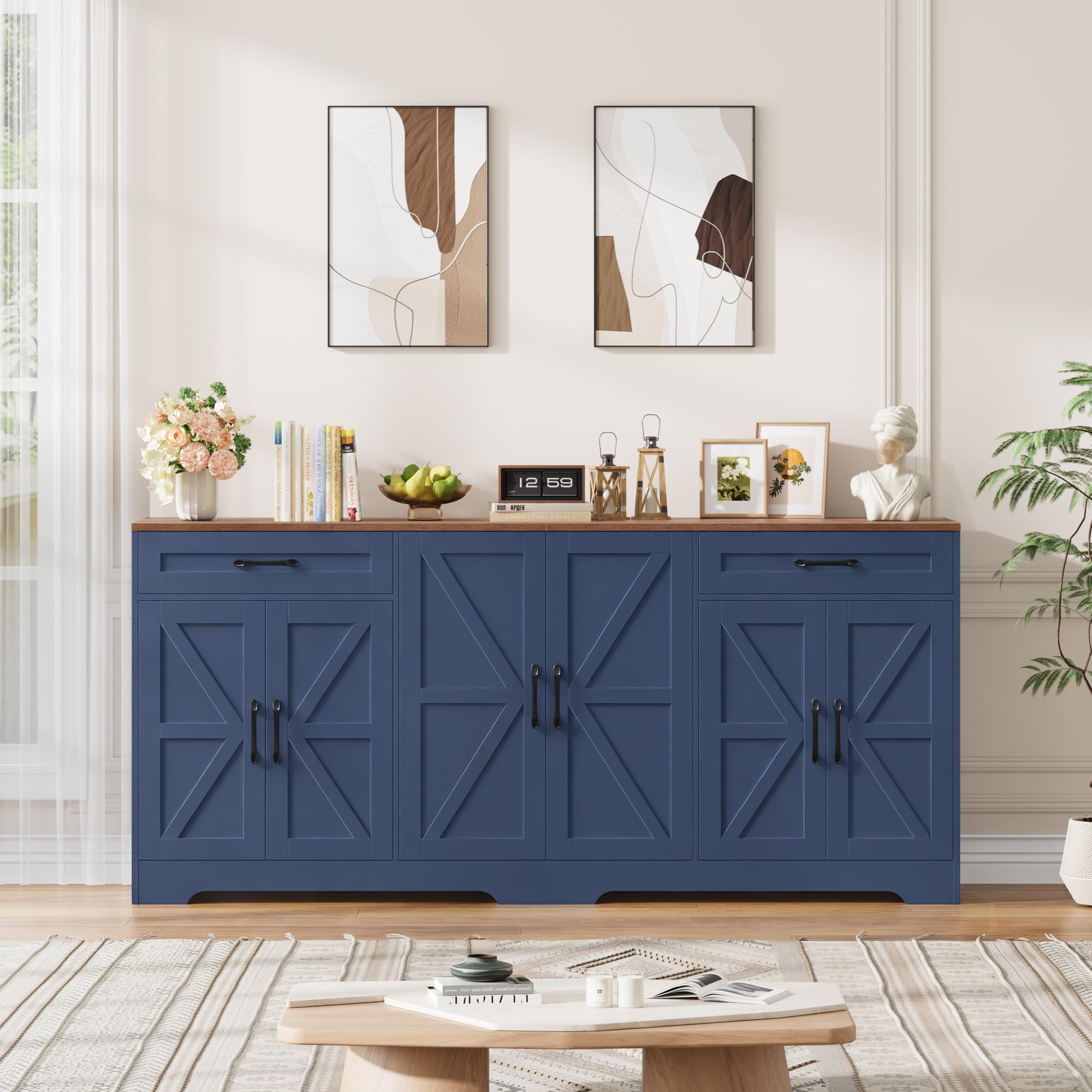 HOCSOK Credenza Cucina, 180 cm Madia Cucina con 8 Scomparti Portaoggetti, Credenza Soggiorno con 2 Cassetti 6 Ante per Sala da Pranzo, Mobile TV, 180×87×34, Blu