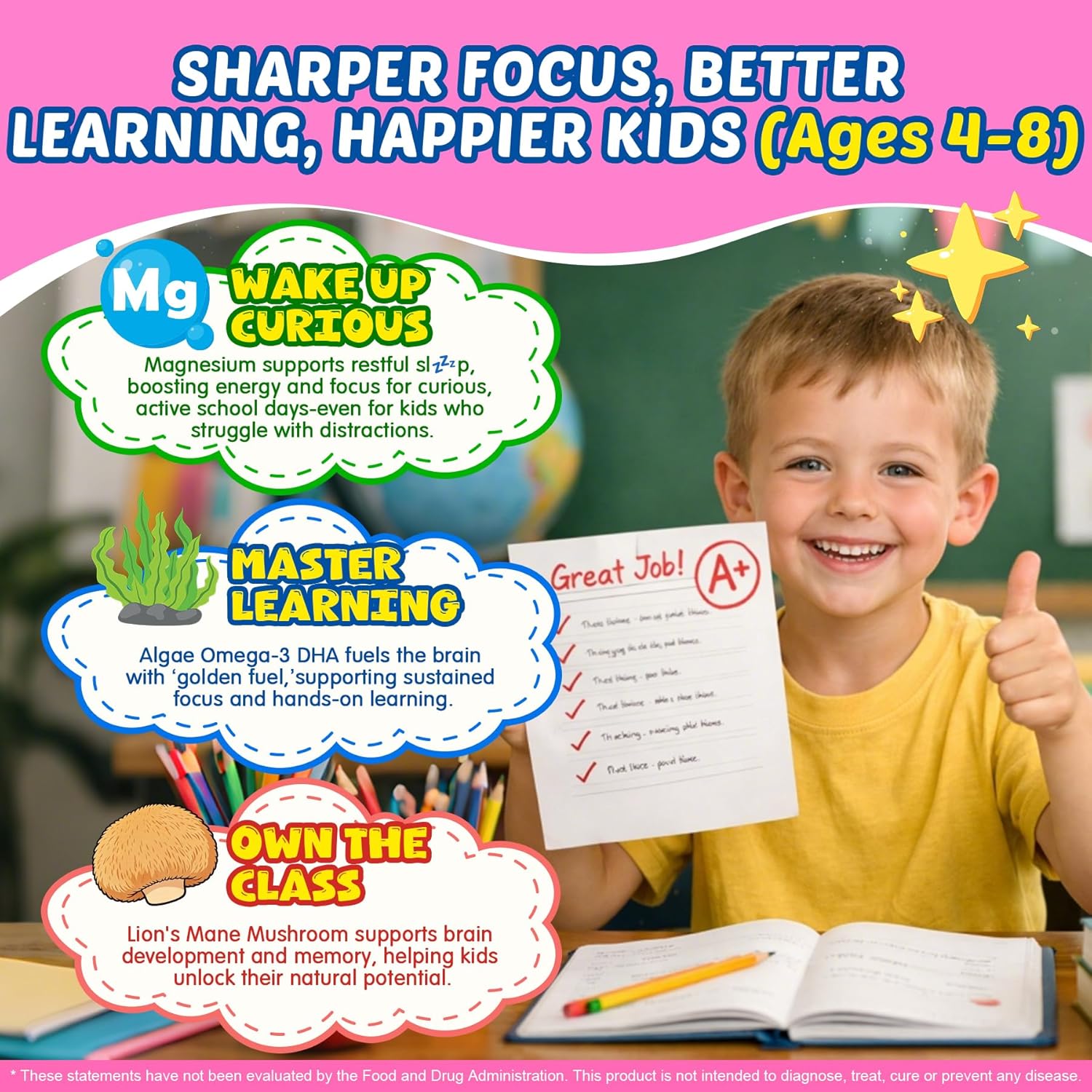 Focus Gummies for Kids & Adults, Brain Supplement w/Magnesium Glycinate, Omega-3 DHA, Lion's Mane, L-Theanine, Methyl B12 & Vitamin D3 Support Calm, Attention, Concentration, Memory, and zZZ, 120Cts - Image 3