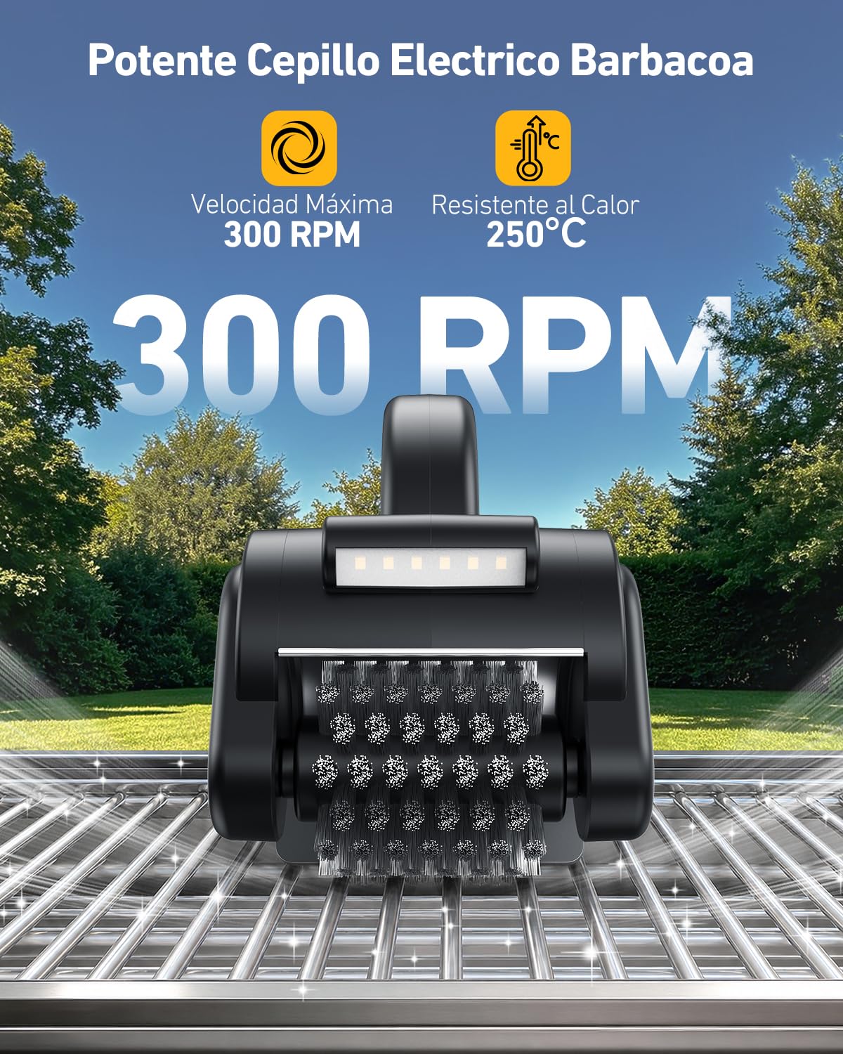 Cepillo Eléctrico para Barbacoa, Limpiador de Parrilla Inalámbrico Recargable con Cabezal Acero Inoxidable, Luz LED, 150 Min de Autonomía, 4400mAh Electric Grill Brush BBQ para Todo Tipo de Parrilla