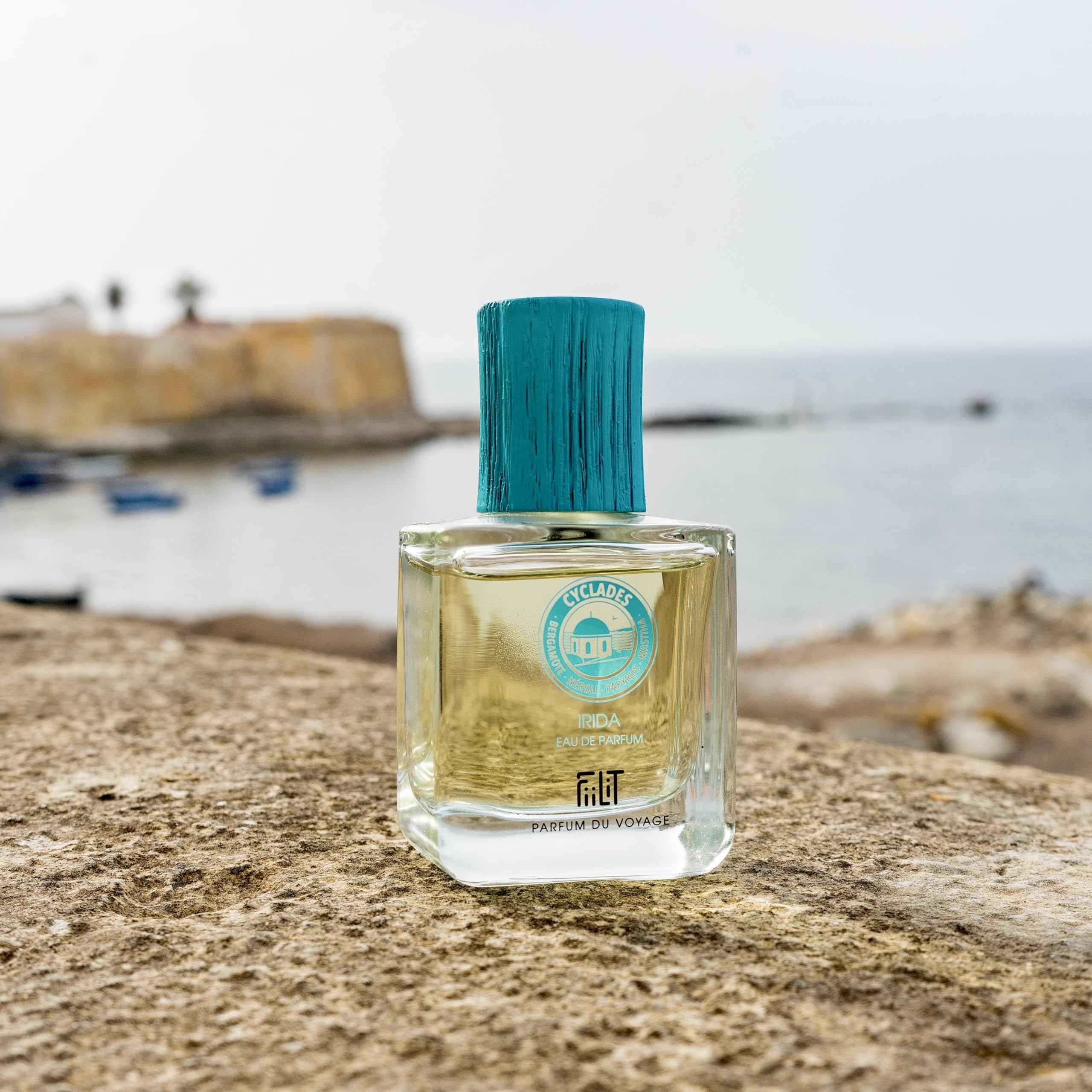 IRIDA CYCLADES naturalna woda perfumowana 50 mL - FiiLiT perfumy podróżne - mieszane - dla kobiet i mężczyzn - Butelka do wielokrotnego napełniania - Bergamotka mastic Papirus Aromatyczny drewno bursztynowe