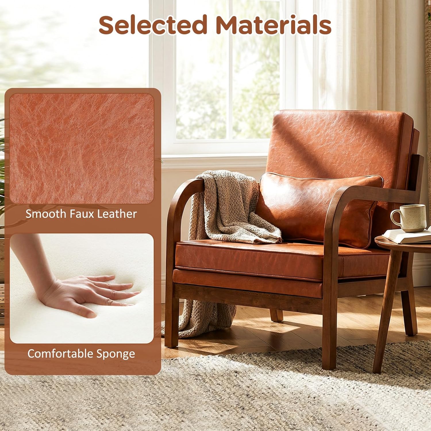 Leather Mid Century Modern Accent Chair with Wood Frame Comfy Upholstered Armchair w/Arms Wide Seat Lumbar Pillow & Soft Cushion Lounge Reading Chair for Living Room Bedroom Office