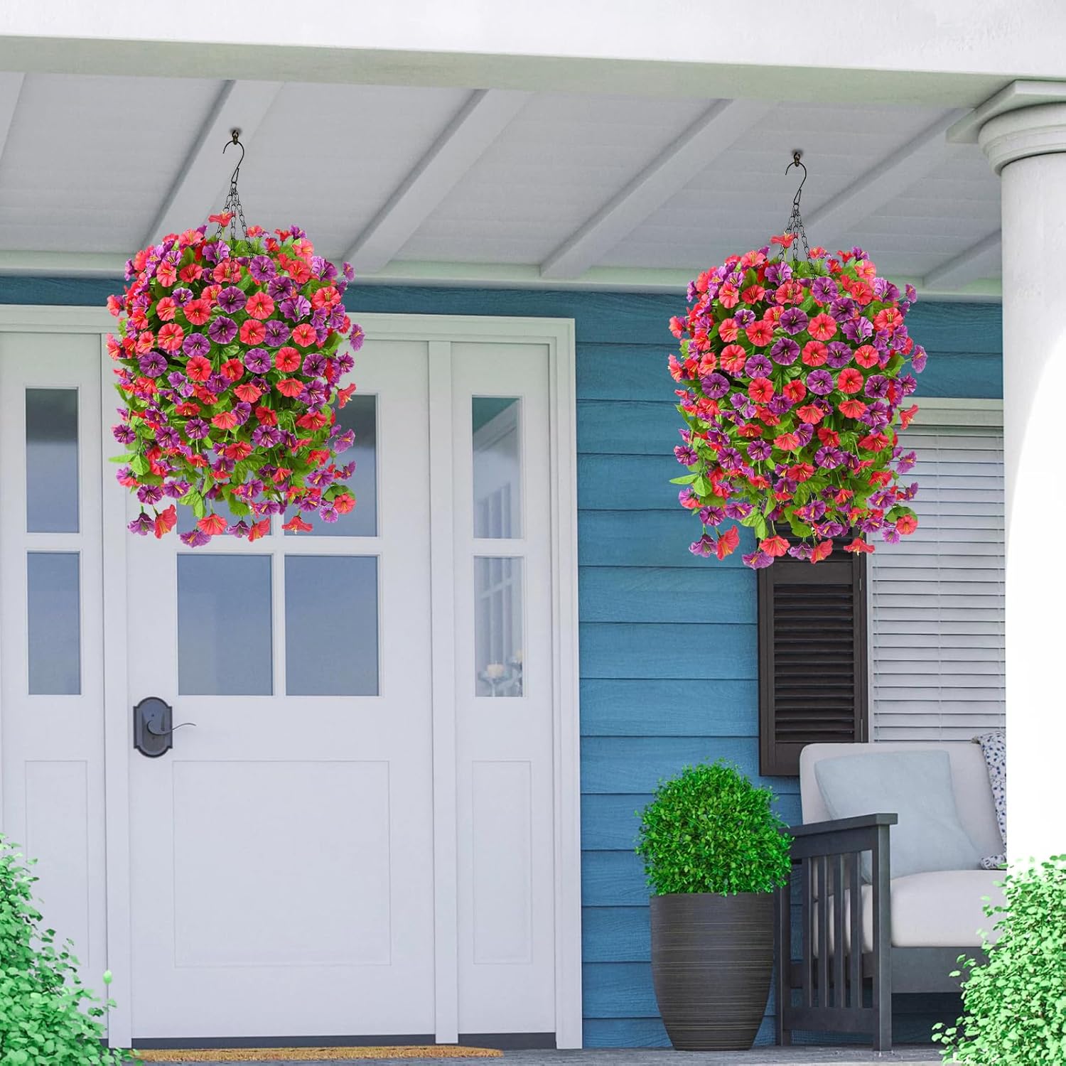 Homsunny Artificial Faux Hanging Flowers Plants Baskets for Outdoor Spring Summer Decorations,Resistant Fake Morning Glory Silk Plants for Outside UV Resistant Patio Yard Home Porch Decor(Red Purple) - Image 6