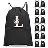 Drawstring Backpack, Personalized Initial Design Drawstring Bags Water Resistant String Bag for Women Men Gym Backpack Track Bag Sackpack Cinch Bags for Sports, Gym, Travel, Beach-Black (Letter L)