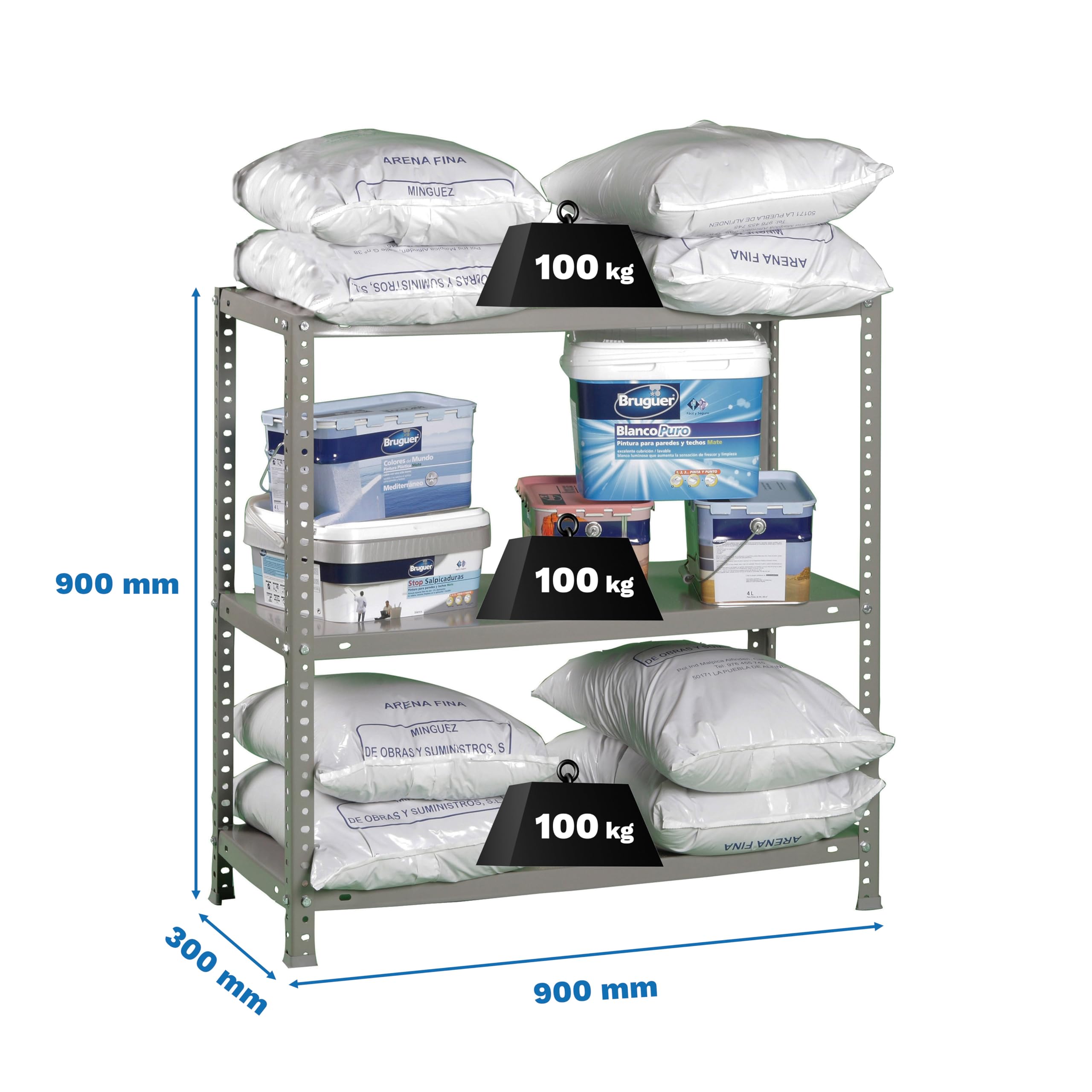 Simon Rack Regał metalowy 900x900x300 mm, 3 półek, nośność 100 kg na półkę, regał magazynowy i garażowy, stabilna konstrukcja, łatwy montaż, kolor Szare – Simon Classic