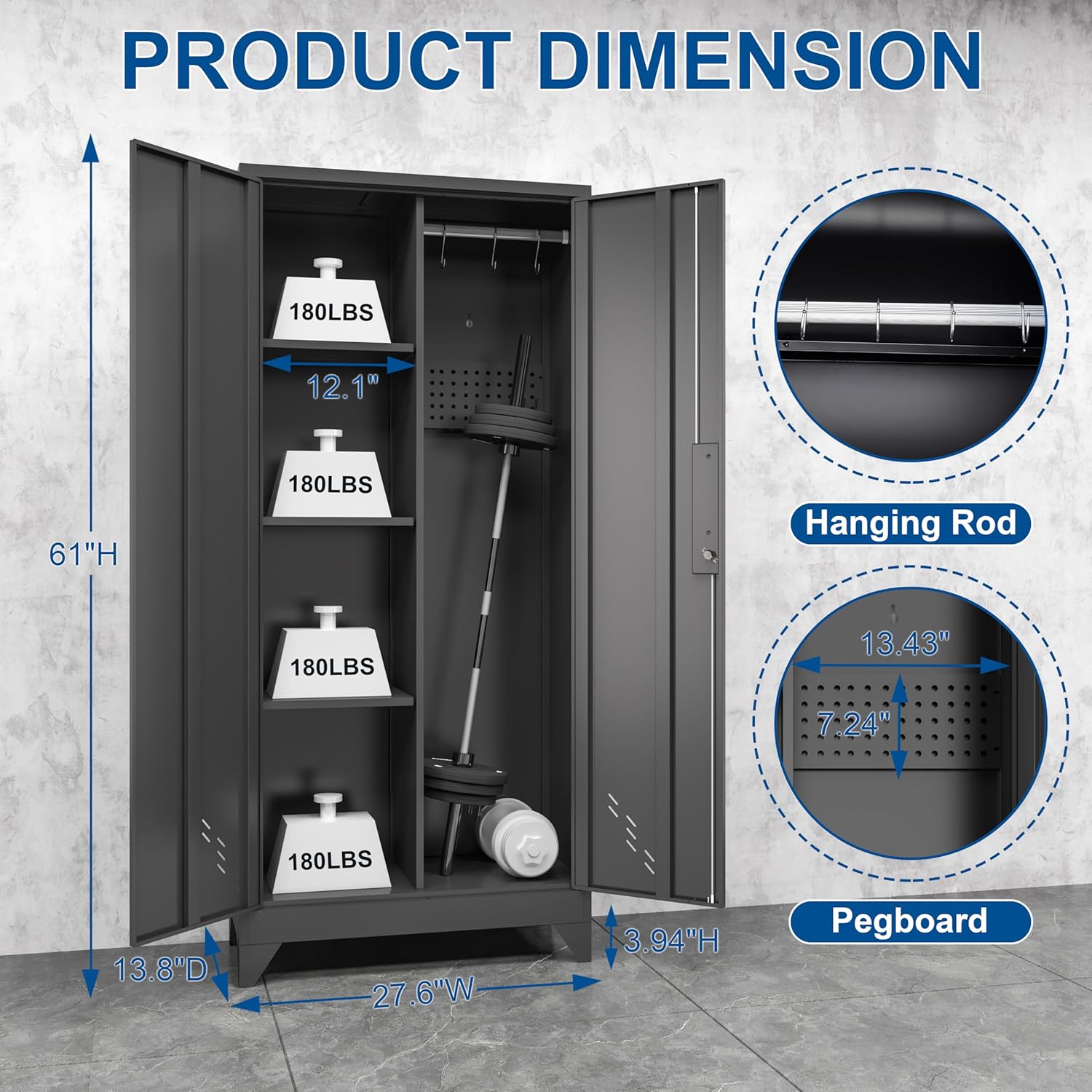 Metal Garage Storage Cabinets with Lock, Cabinet with Pegboard & Hanging Rod, Broom Closet Storage Cabinets, Black Lockable Steel Tool Cabinet for Home,Garage,Utility Room