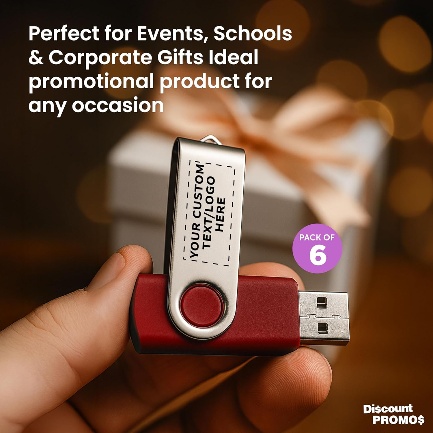 6 Swivel USB Flash Drives Pack, 8GB - Customizable Text, Logo - Pocket Size, Long Data Retention - Red