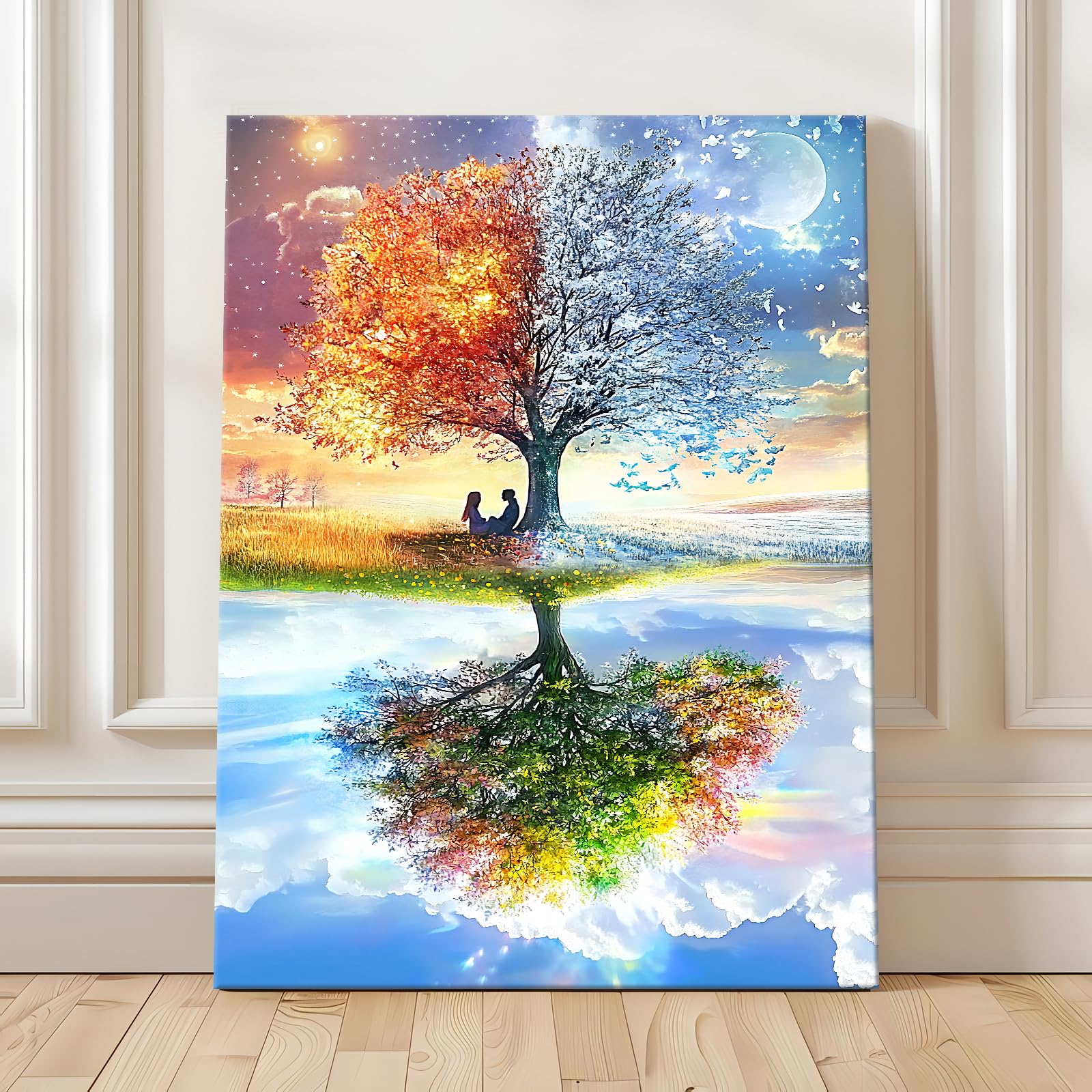 Wooden Framed Canvas Wall Art Four Season Tree of Life Painting on Canvas Prints Poster Blue Sky and White Clouds Pictures for Living Room Bedroom Home Office Hallway Corridor Wall Decor 30x40cm - Image 3