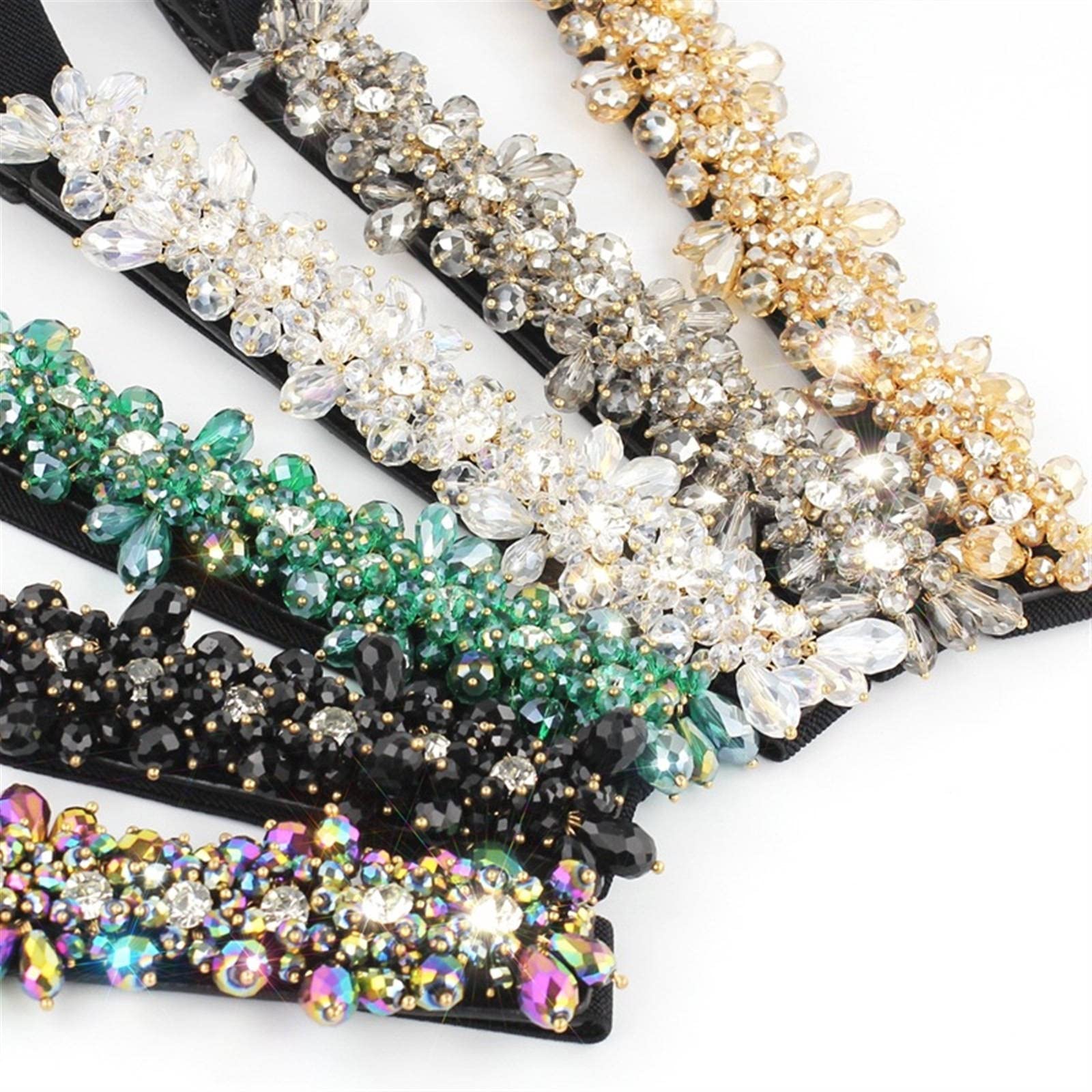 Rhinestone gemstone rhinestone elastic waistband belt Wriidy Rhinestone Stretch Belt Black Wide Dress Belt Women  main image 4