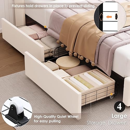 Miniatura 6 de HIFIT Full LED Bed Frame with Charging Station and 4 Storage Drawers, Velvet Upholstered Platform Bed with Handcrafted Crystal Button Wingback