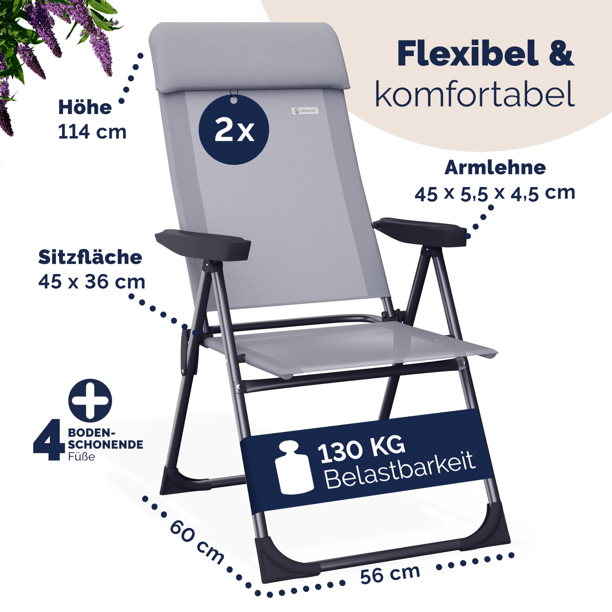 Casaria Set 2 Sedie da Giardino Pieghevoli Regolabili 7 Posizioni Alluminio