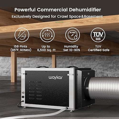 Miniatura 2 de Waykar Deshumidificador comercial de 155 pintas para espacios de rastreo de hasta 6500 pies cuadrados incluye manguera de drenaje y filtro lavable