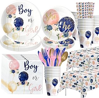 Xigejob Gender Reveal Party Decorations Tableware - Boy or Girl Gender Reveal Party Supplies Include Plates, Cups, Napkin, Tablecloth, Cutlery, Straw, He Or She Gender Reveal Party Supplies | Serve 24