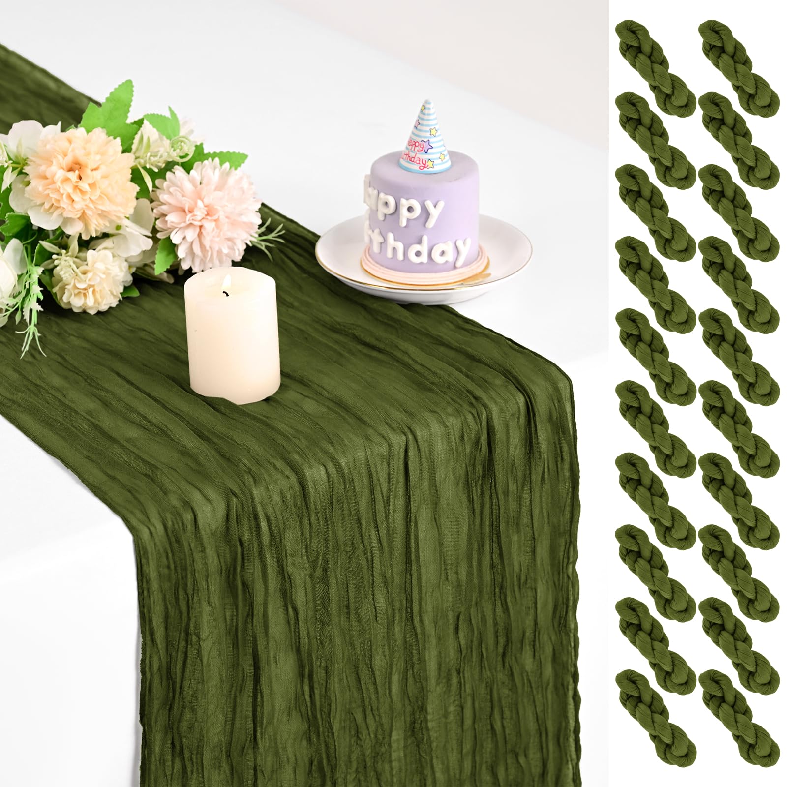Teruntrue 20 Pack Olive Green Cheesecloth Table Runner 17x108 Inch, Boho Gauze Sheer Fabric Cheese Cloth Table Runners for Wedding Party Bridal Shower Birthday Home Decor Garden Farmhouse
