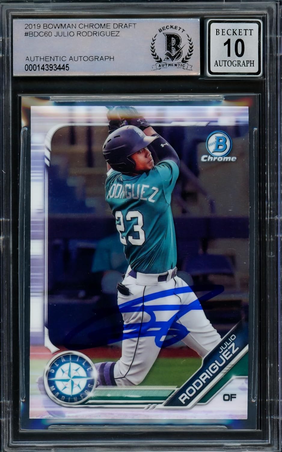 Julio Rodriguez Autographed 2019 Bowman Chrome Draft Rookie Card #BDC60 Seattle Auto Grade Gem Mint 10 Beckett BAS #14393445