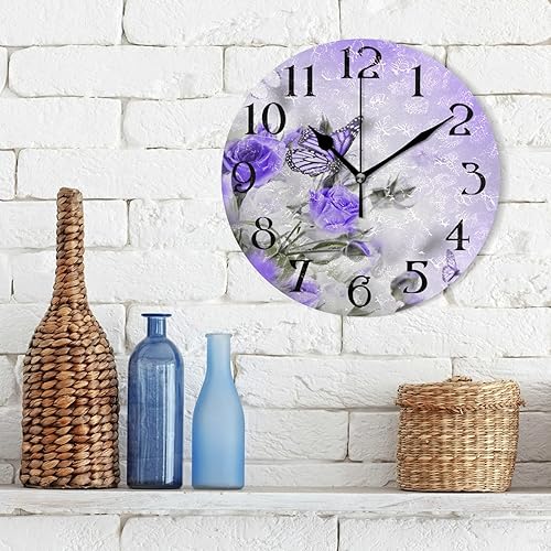 Miniatura 3 de Reloj de pared con diseño de mariposa, iris, rosa, rosa, 9.5 pulgadas, sin tictac, reloj de baño redondo, funciona con pilas, reloj de escritorio