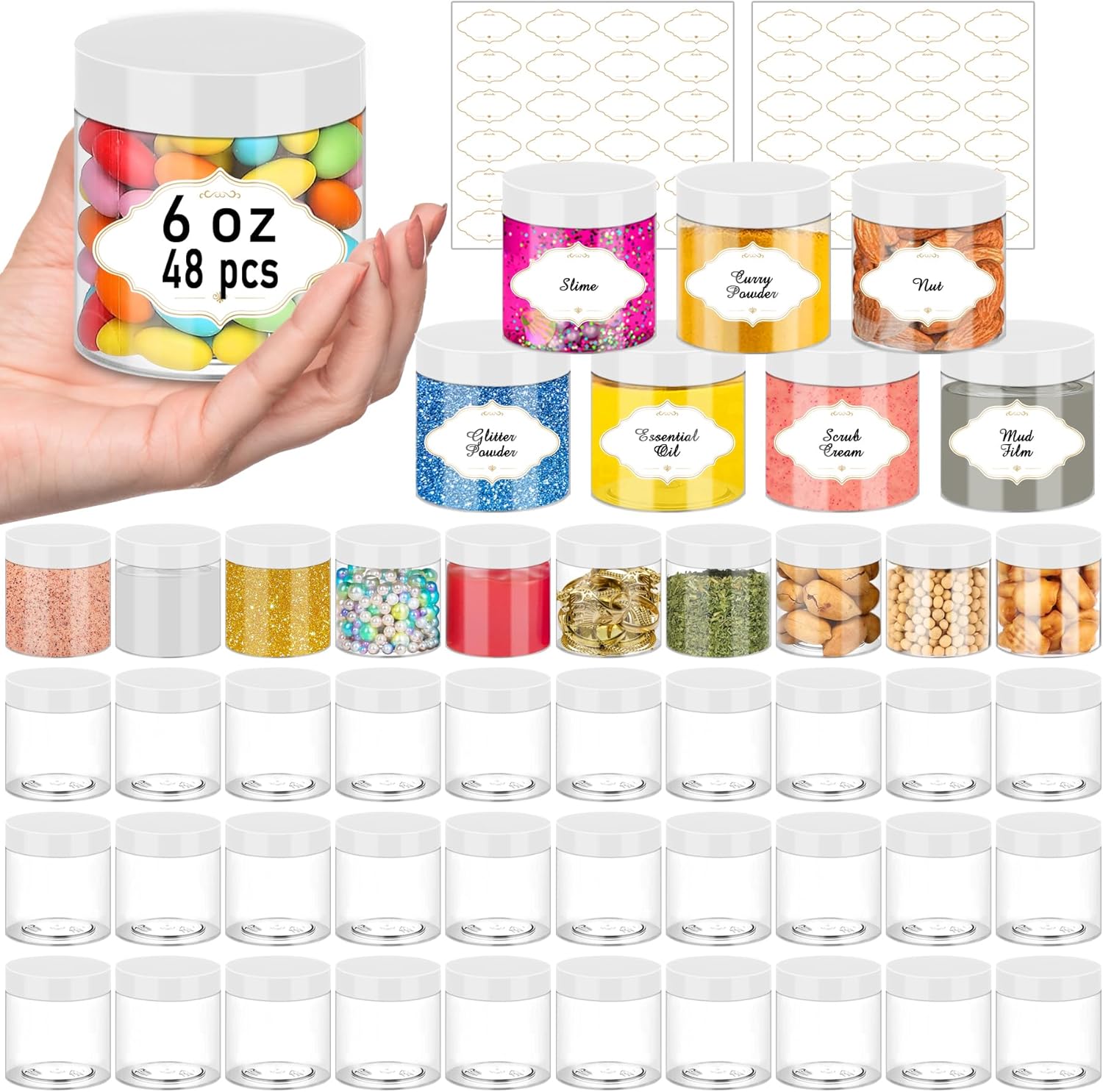 PeacePeo Plastic Jars 6 OZ, 48 Pcs Plastic Jars with Lids Round Wide Mouth Slime Containers with White Lids Empty Small Storage Jar for Travel, Home Kitchen Food, Arts Crafts
