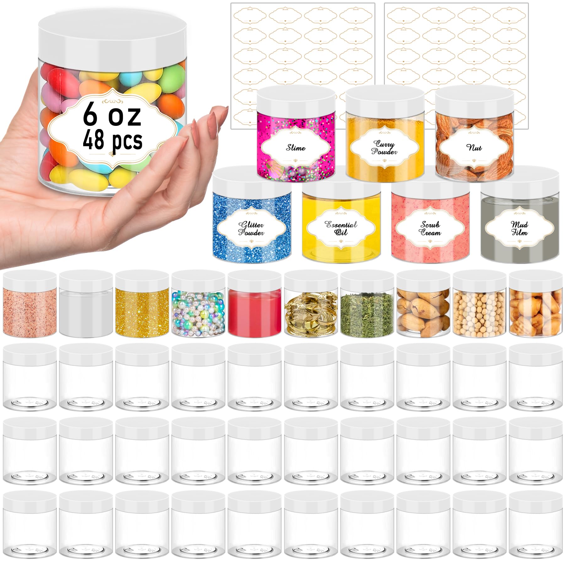 PeacePeo 6 OZ Plastic Jars with White Lids, 48 Pcs Slime Containers