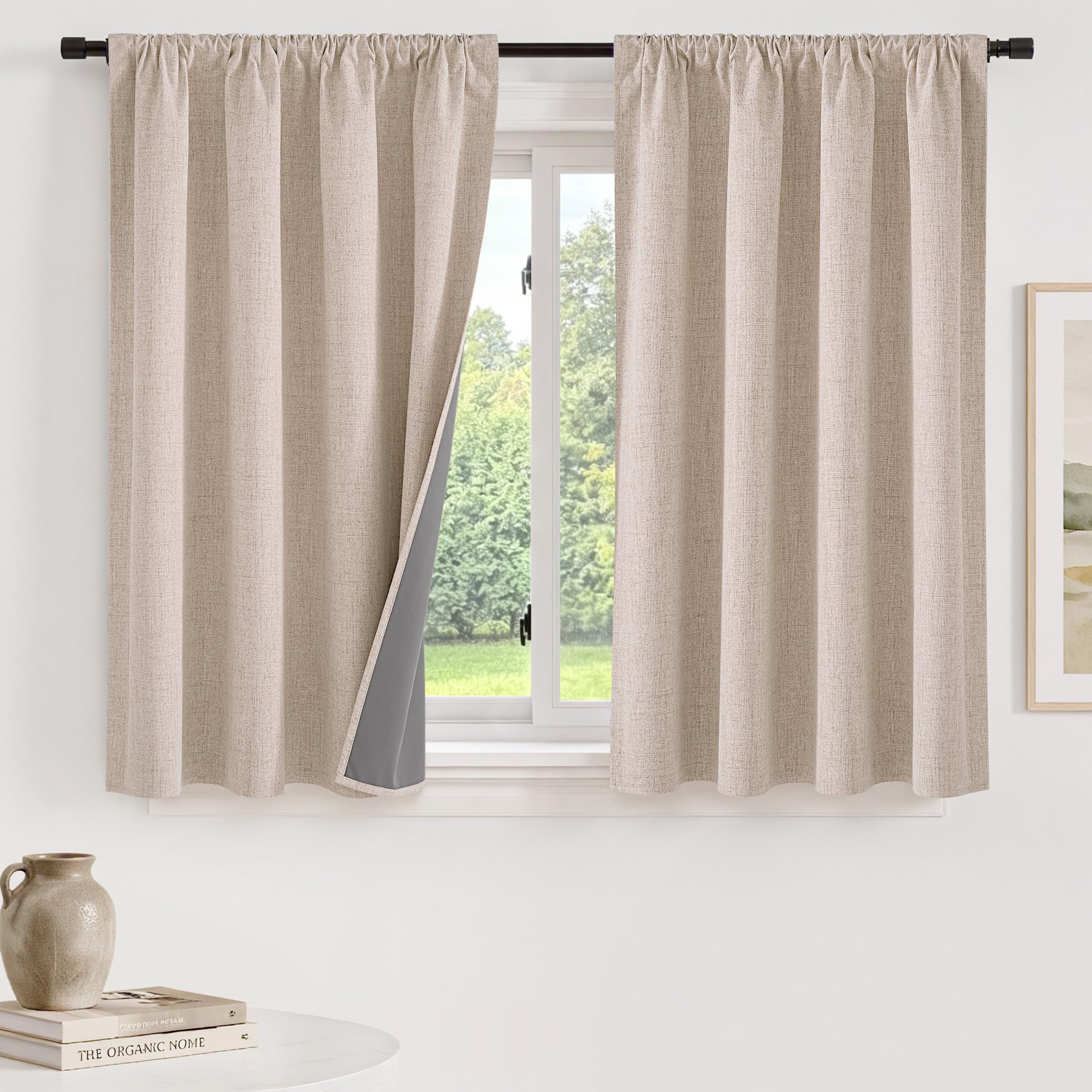 Photo 1 of PONY DANCE Linen Blackout Curtains 48" L, Beige, 2 Panels