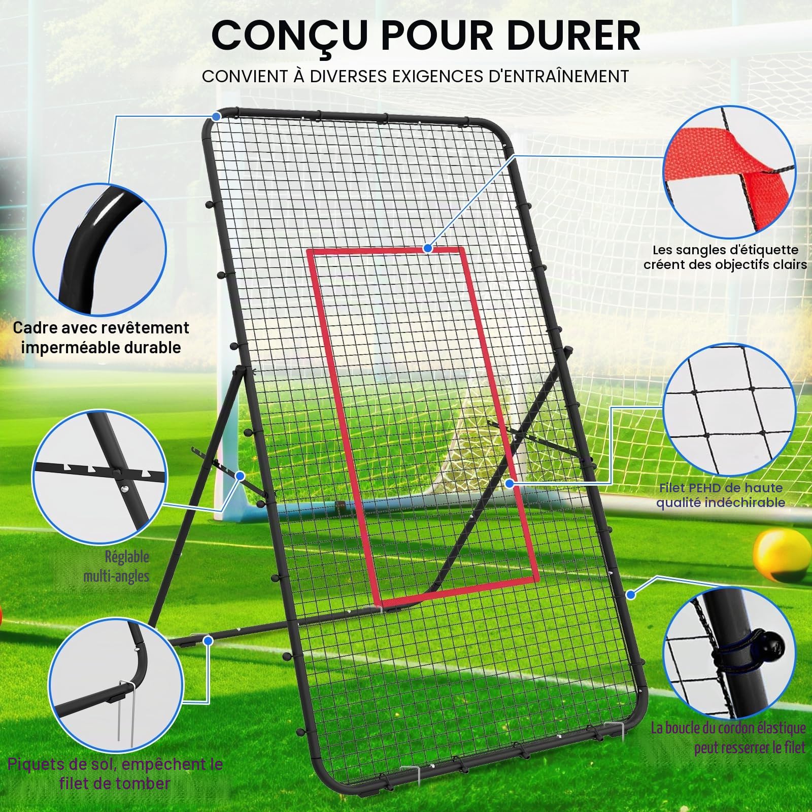 Filet de rebond de volleyball, réglable et portable de 2,1 x 1,2 m, équipement d'entraînement de football, cible de rebond de but de football pour enfants et adultes, filet pour entraînement de jeu et