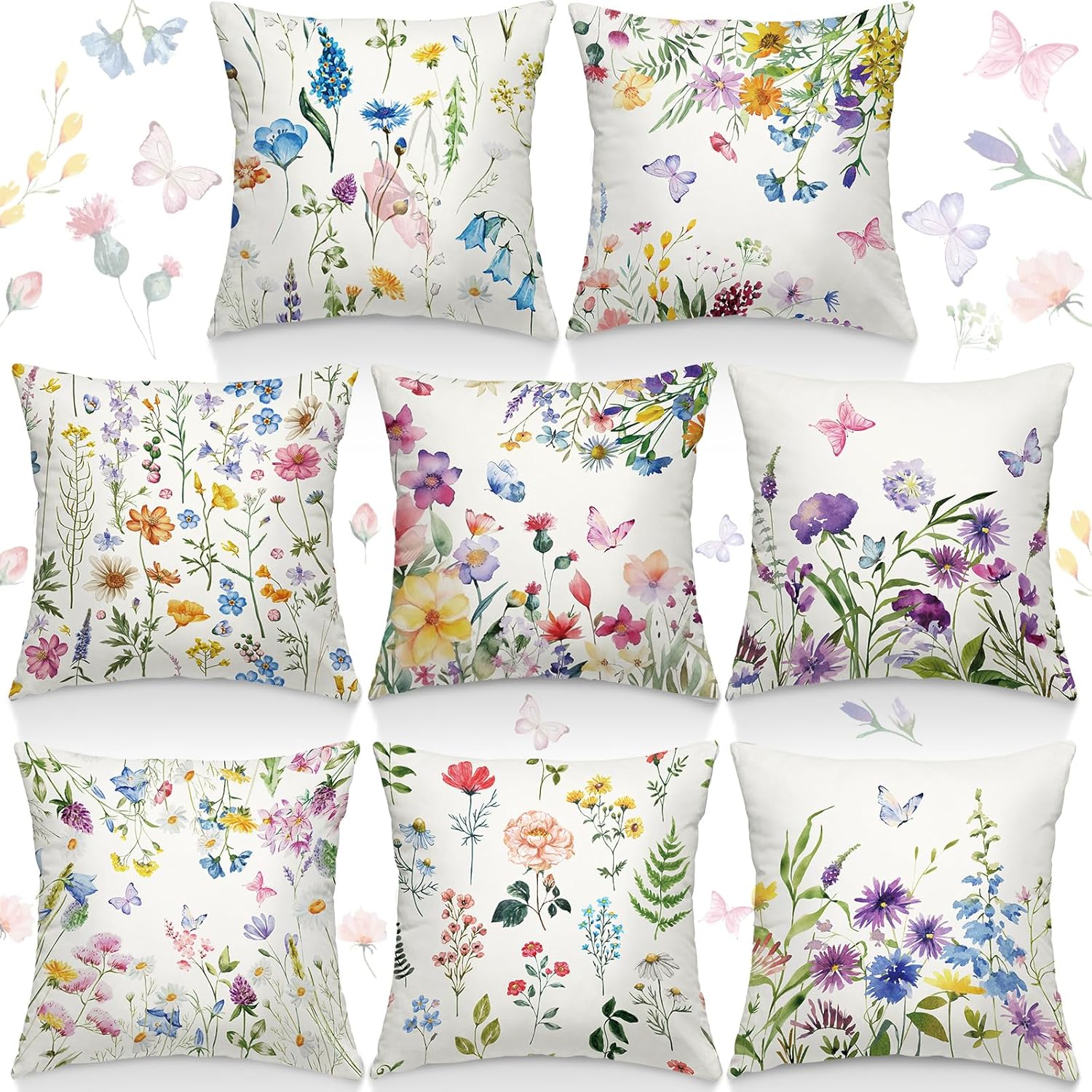 SmoothNovelty 8 Pcs 18x18 Inch Spring Floral Pillow Covers Wildflowers Plant Butterfly Decorative Pillowcases Springtime Farmhouse Throw Pillow Cover for Couch Sofa Home Decor
